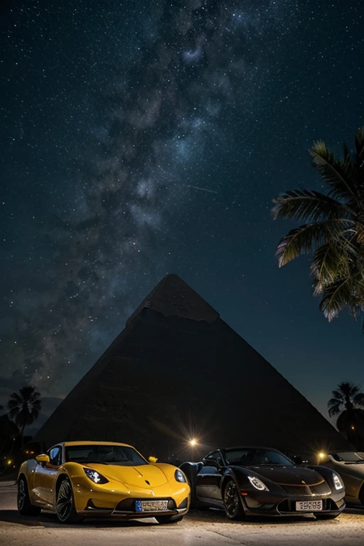 a fleet of exotic sports cars in front of a golden pyramid with palm trees and a dark star filled galaxy sky