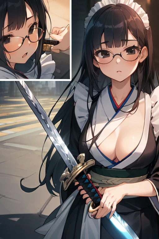 (Best Quality, Masterpiece:1.3),( extremely detailed CG unity 8k wallpaper:1.3),(illustration:1.3),(hyper extremely deailed:1.2), 1girl ,japanese actress 15 yo,(beautiful), ((((detailed cute face:1,5)))), (arge breasts,black long hair, (bangss), side locks,Black eyes,kimono maid,glasses,(slim:1.2),city,in the tokyo, detailed katana,(she is holding one sword :1.5),