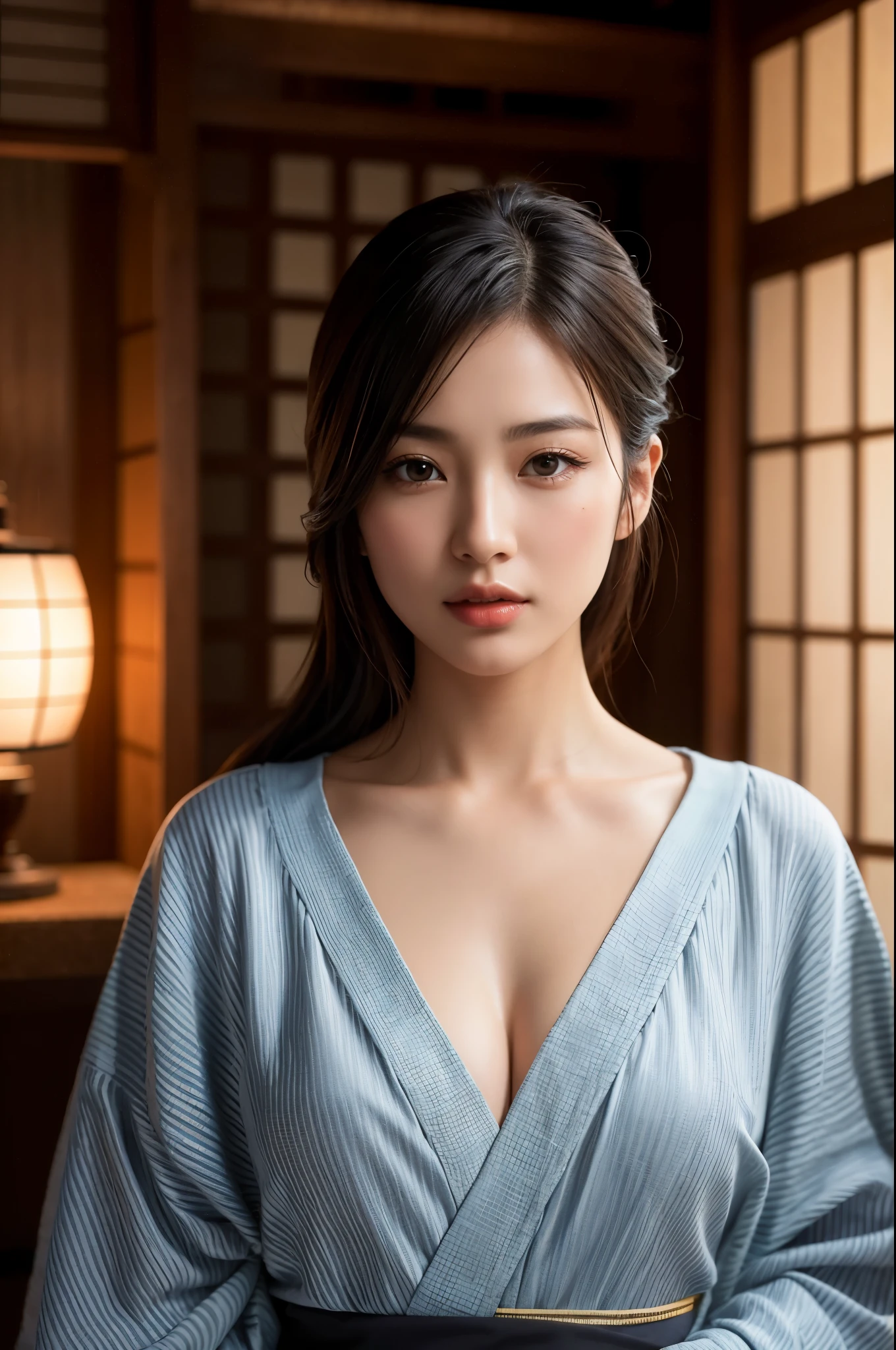 Highly detailed CG Unity 8k wallpaper, highest quality, masterpiece, (Realistic, photorealistic:1.4), ultra high res, (A beautiful Japanese Mature Woman in a Yukata with Monotone vertical stripes, solo), Inside a room in an old-fashioned Japanese onsen ryokan, cowboy shot, Perfect feminine figure, Fascinating milf, Amazing beautiful face, bewitching Goddess, parted lips, glossy skin, cinematic composition, professional warm lighting and shading, ((extremely detailed eyes and face, eyes with beautiful details, insanely detailed beautiful realistic skin texture)), (correct body balance, accurate hands, accurate eyes)