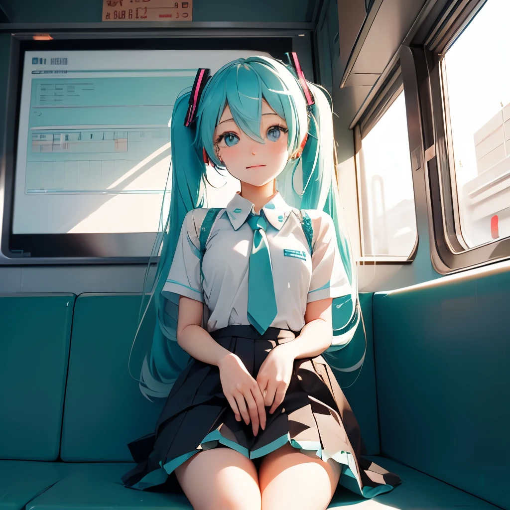 Hatsune Miku、Uniform appearance、Riding a train、perfect face、cute