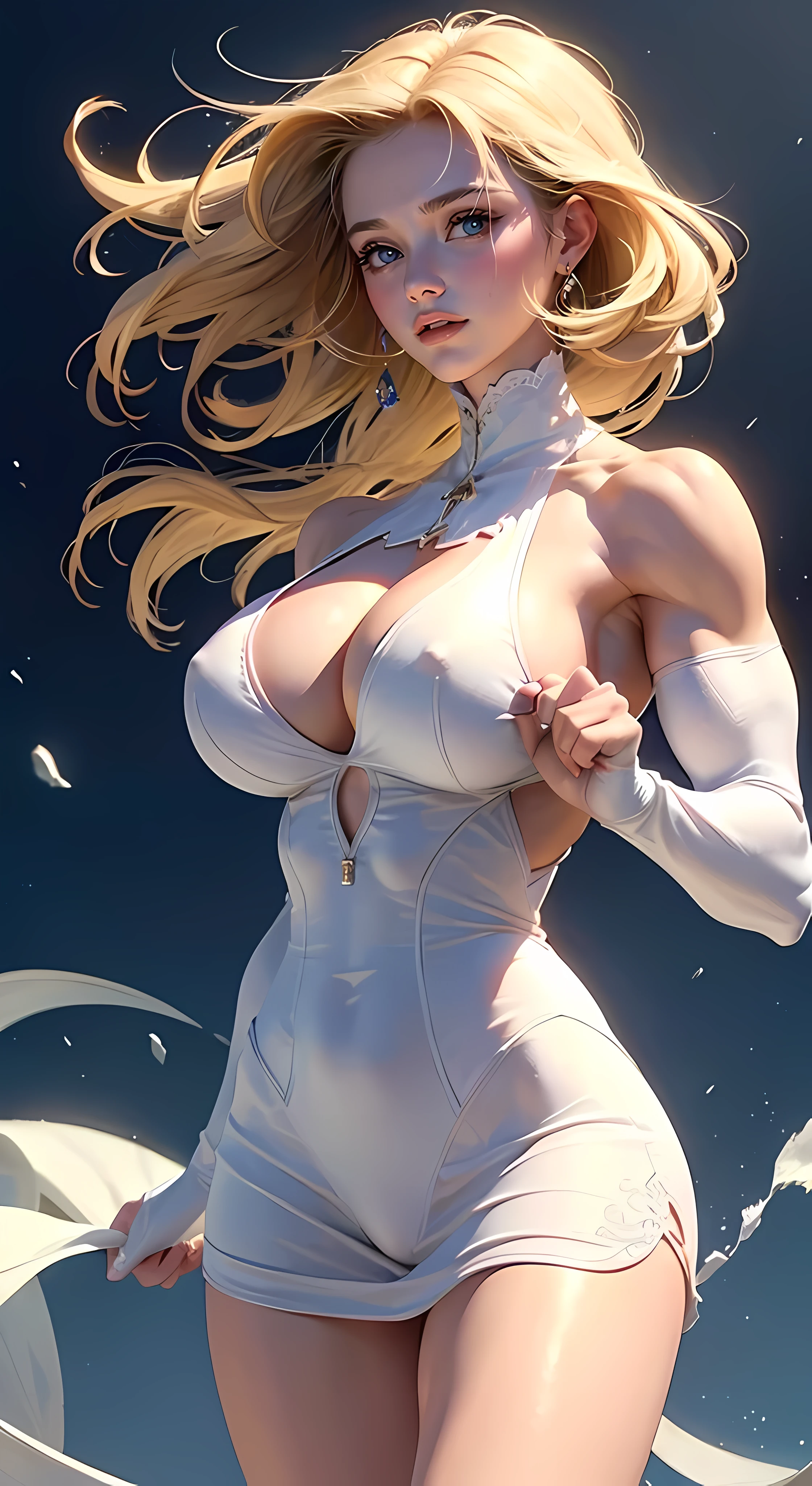 (Masterpiece), ((Highest quality)), (Super detailed), ((Very delicate and beautiful)), (((Perfect body))), (((accurate ???????))), 1 girl, Glowing white particles, Fighting, Holding_sword, blond hair bob, Red eyes, Seventeen years old, En plein air, sky, Whole Body Reiki, , White tattered dress, ???? shoulders, Small smile, Sea + Background, Wind, Perfect hands, Hand details, modified fingers. Earrings, Looking_at_peeping at the viewer, cowboy lens, rich details​, Perfect image quality, (((????????????))), ((long legs)), ((Female Bodybuilder)), ((((Muscular Legs)))), ((((Huge Muscles))))