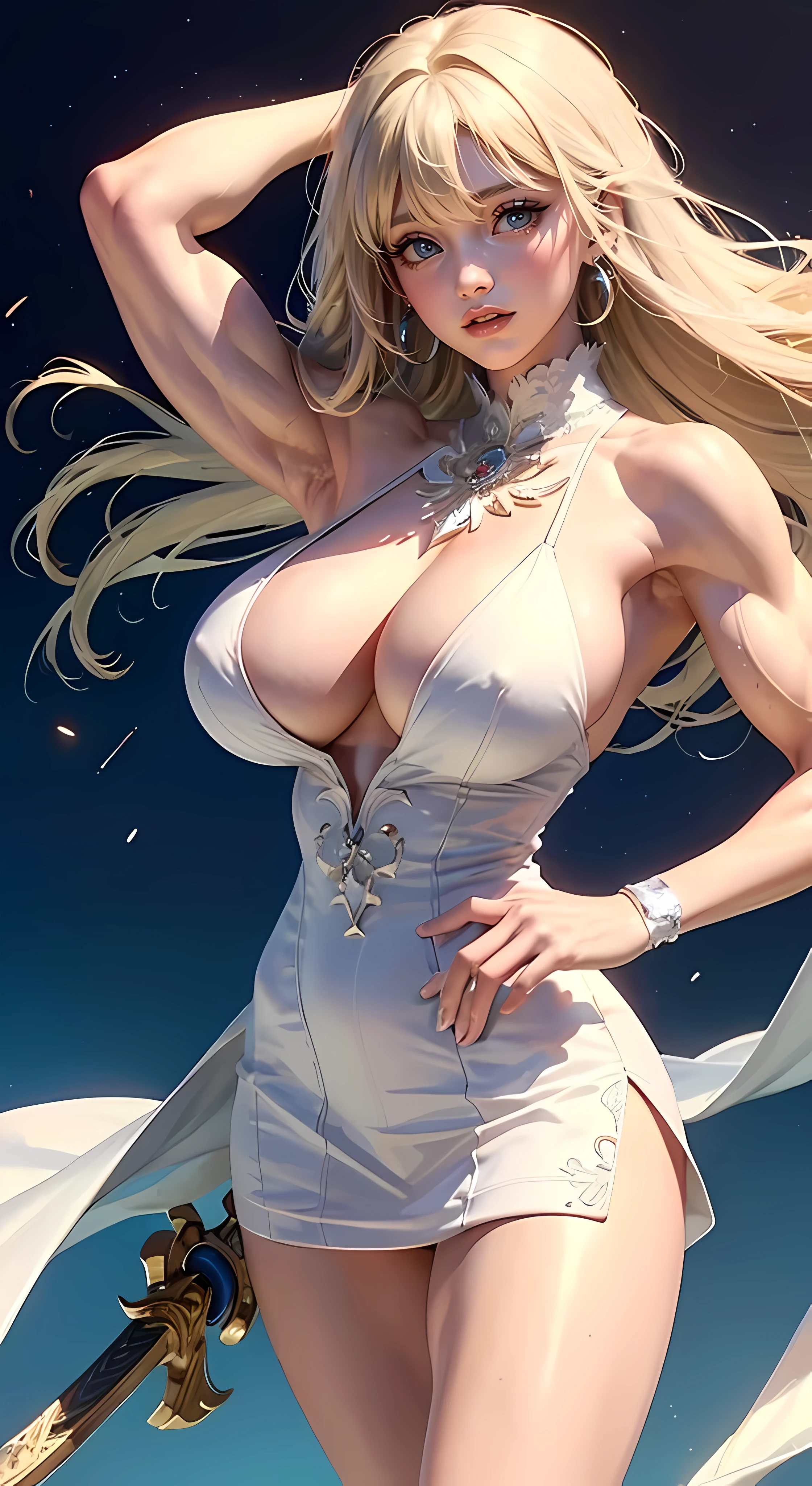 (Masterpiece), ((Highest quality)), (Super detailed), ((Very delicate and beautiful)), (((Perfect body))), (((accurate anatomy))), 1 girl, Glowing white particles, Fighting, Holding_sword, blond hair bob, Red eyes, Seventeen years old, En plein air, sky, Whole Body Reiki, , White tattered dress, Bare shoulders, Small smile, Sea + Background, Wind, Perfect hands, Hand details, modified fingers. Earrings, Looking_at_peeping at the viewer, cowboy lens, rich details, Perfect image quality, (((Huge breasts))), ((long legs)), ((Female Bodybuilder)), ((((Muscular Legs)))), ((((Huge Muscles))))