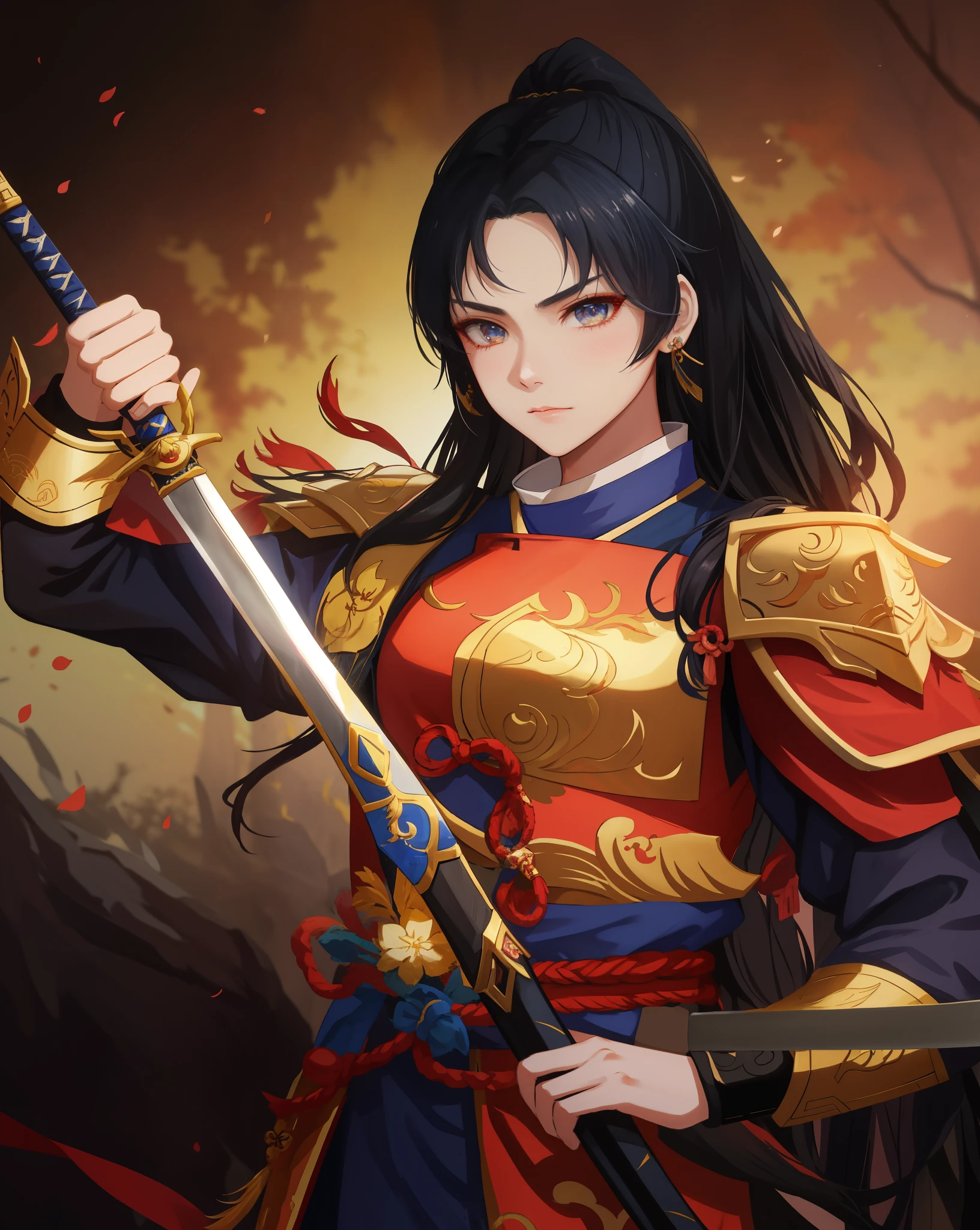 Anime girl holding a sword with sword and armor, xianxia hero, Inspired by Zhu Lian, Inspired by Du Qiong, Inspired by Puhua, Inspired by Li Meihu, g liulian art style, heise jinyao, bian lian, Inspired by Zhibai, Inspired by Lan Ying, Inspired by Wang Meng,,Hua Mulan,dark blue hair,Handsome girl,Eye,Messy bangs