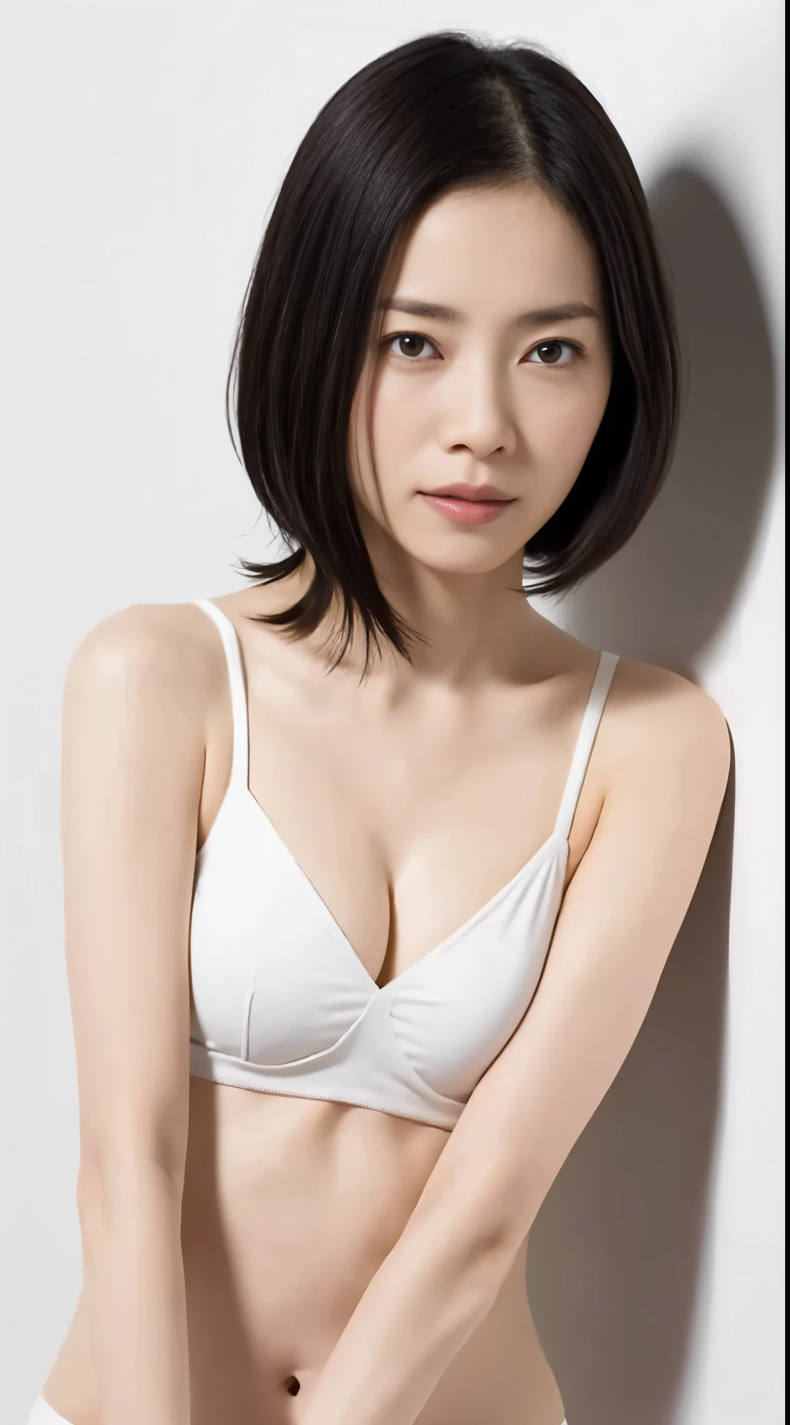 Japanese, Women of short stature, petite physique, Medium build, medium height, slightly plump, Short arms, single eyelid, long slit eyes, Ephemeral atmosphere, 30-year-old girl, black bob hair, ((thin lips)), white top and bottom underwear, muste piece, best quality, detailed skin, detailed eyes, ,8K, good anatomy, upper body portrait