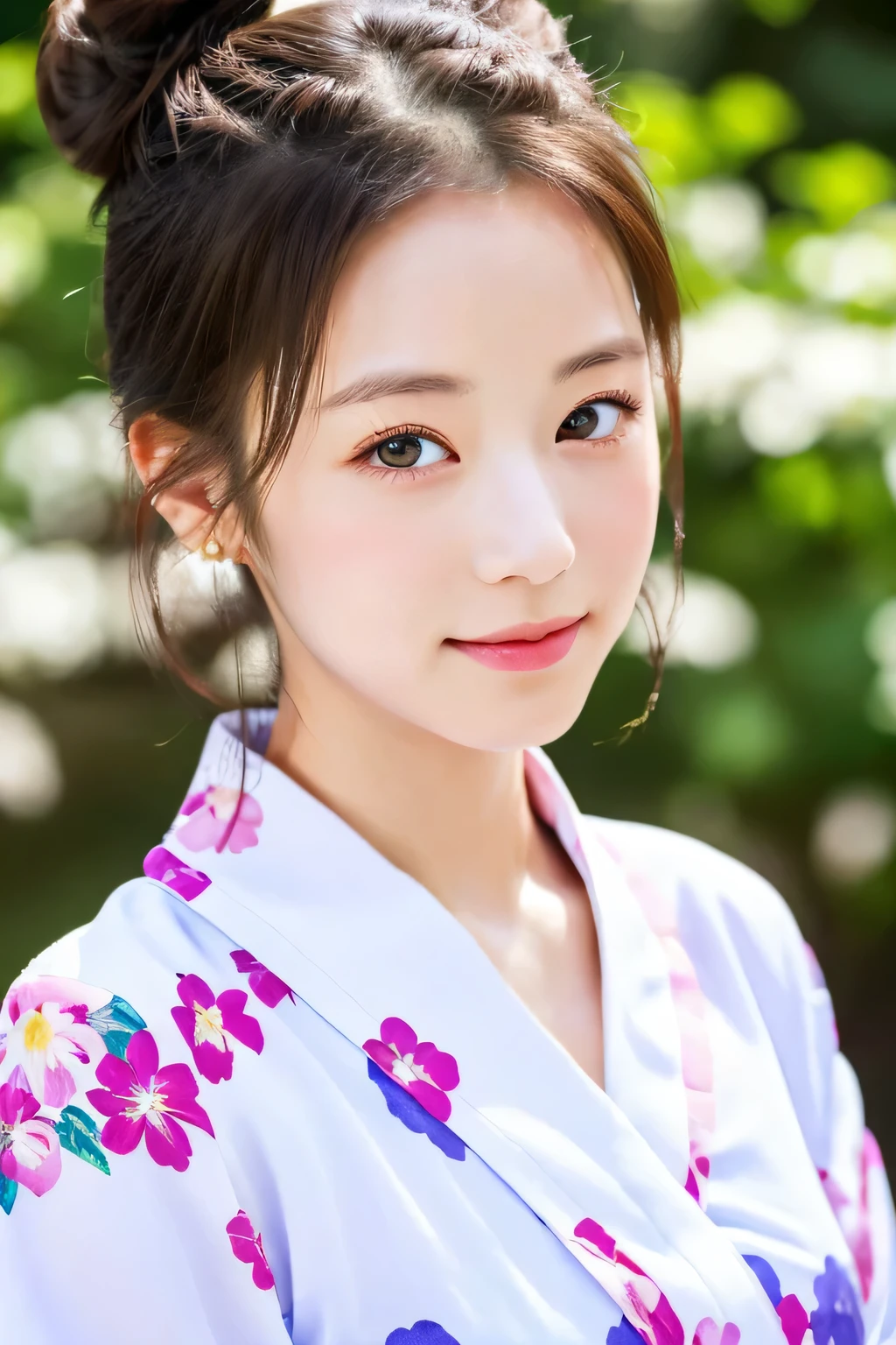 ((masterpiece、highest quality、super fine、High resolution))、alone、beautiful girl、shining eyes、perfect eyes、Japan's beautiful sister、bun hair、Yukata with white floral pattern、Festive background、High level image quality、4K.