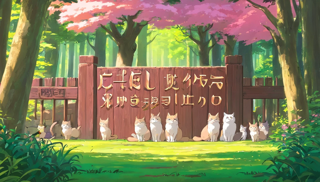 Twitch banner image, ghibli style, pink/green forest with lots of cats, with a big wooden sign with writing that spells 'kiezell'. 