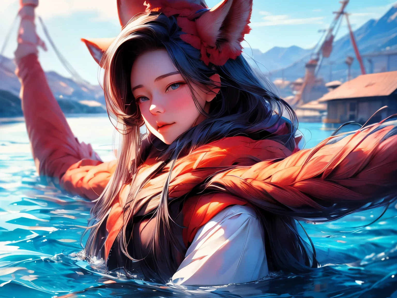 (best quality,4k,8k,highres,masterpiece:1.2),ultra-detailed,realistic portrait,**************** with nine tails, by the lake, full body