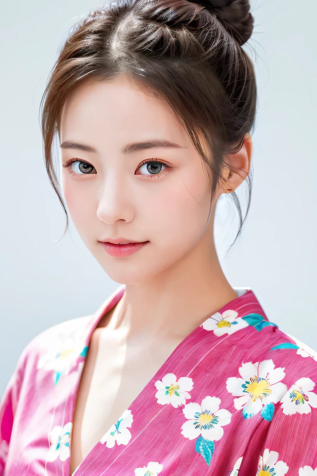 ((masterpiece、highest quality、super fine、High resolution))、alone、beautiful girl、shining eyes、perfect eyes、Japan's beautiful sister、bun hair、Yukata with white floral pattern、Festive background、High level image quality、4K.