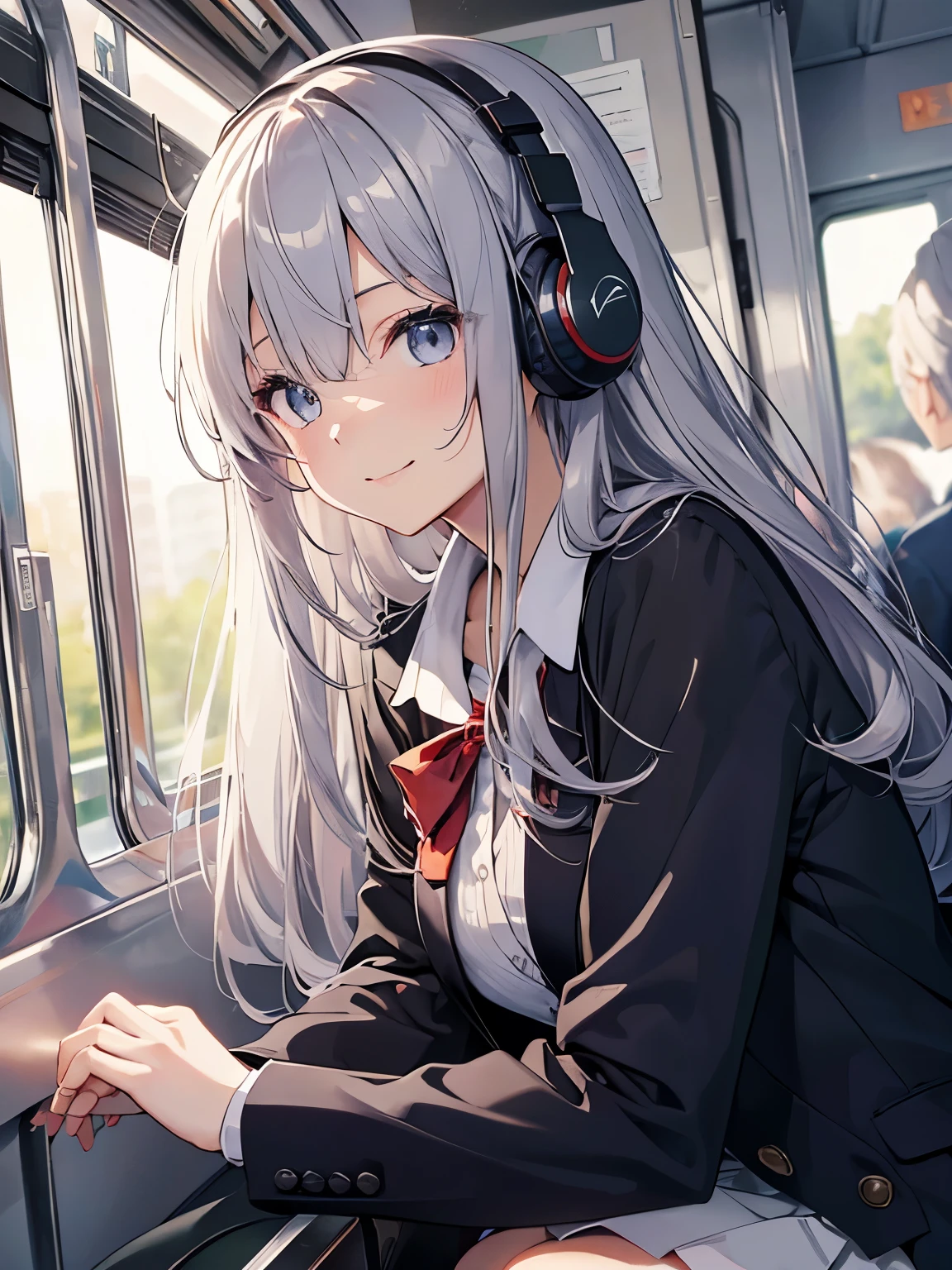 muste piece, best quality, High resolution, masterpiece、from the front、Low - Angle、(1 girl),(Beautiful eyes in every detail、face to detail、masterpieceサイドライト、masterpiece、highest quality、detailed、High resolutionのイラスト),delicate makeup、POV handjob、smile、soft focus、background bokeh、inside the train、Tokyo Subway、sitting on a train seat、put on headphones and listen to music,eyes are black,bangs短いハーフアップヘア(((silver hair))), Hair color is a blue-gray gradient, bangs,semi-long hair, Extremely detailed, complicated, muste piece, disorganized、School uniform、gray blazer、white shirt、navy pleated skirt、 ((detailedに書かれた顔, red face:1.2)), ((Smooth texture:0.75, realistic texture:0.5, Anime CG style)), medium chest, dynamic angle, beautiful breasts, perfect body, dynamic pose, shy smile,