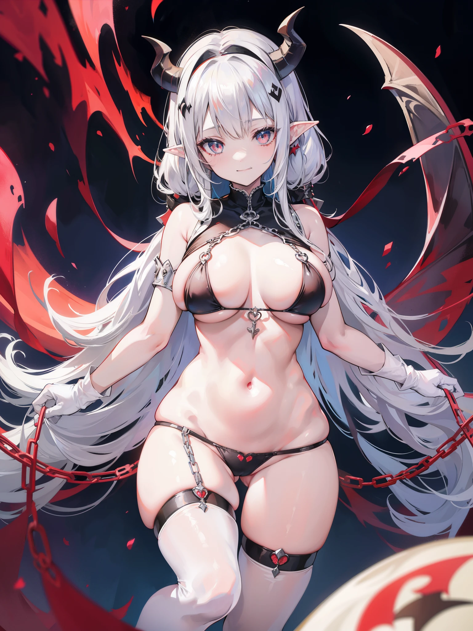 Striped hair，white colored hair, twist blade, Mismatched pupils, chiaroscuro, backlit lighting, gothic art, 16 km race, best quality, anatomically correct, high details，lewd nun，(huge boobs)，(white stockings)，red pupil，thong，(smile)，strap，restraint，leg loops，Lock，((devil&#39;s horns))，((pious nun))，Heart-shaped openwork，((thigh strangulation))，(pubic)，(silk gloves)，elf ears