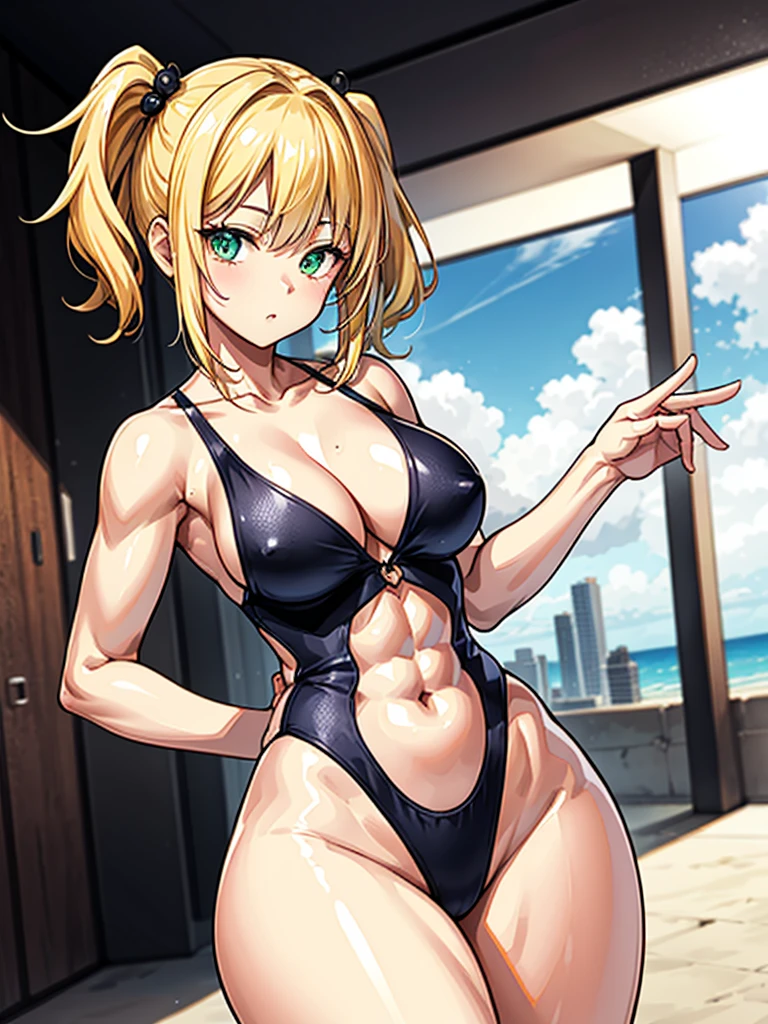 (((masterpiece、Highest image quality、highest quality、highly detailed unity 8kwallpaper)))、((Illustration of one girl))、(((beautiful girl)))、((blonde、two side up:1.4、sidelocks:1.6、green eyes))、(((tall:1.4、stocky build:1.6, thickset physique:1.7, muscular legs, broad shoulders:1.7, solid chest:1.6)))、swimsuit、sandy beach