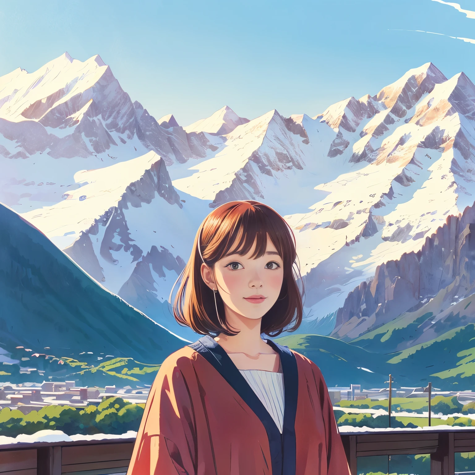 illustration style, ukiyo-e, Showa anime, woman, snow, (Sensitive), Asahi, mountains in the background, (highest quality, super detailed, realistic:1.37, portrait, Natural light)