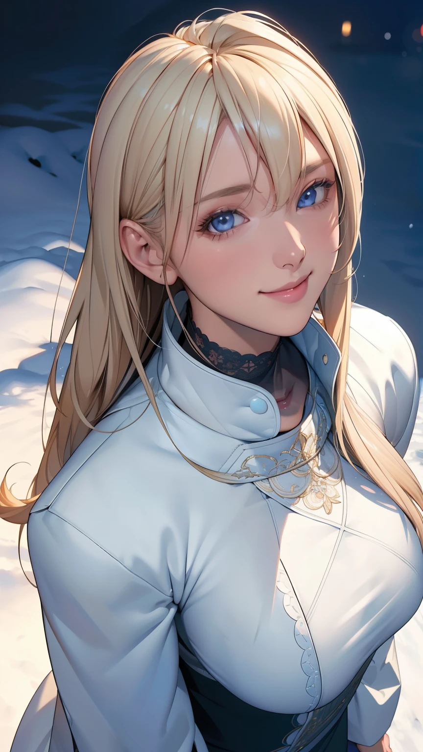 (masterpiece), (best quality), 1girl, (perfect face:1.2), (beautiful face:1.2), platinum blonde hair, (from above, upper body:1.3), happy, light smile, looking at viewer, pose,
winter coat, outdoors, winter, snow, night time, intricate, depth of field, cinematic lighting,