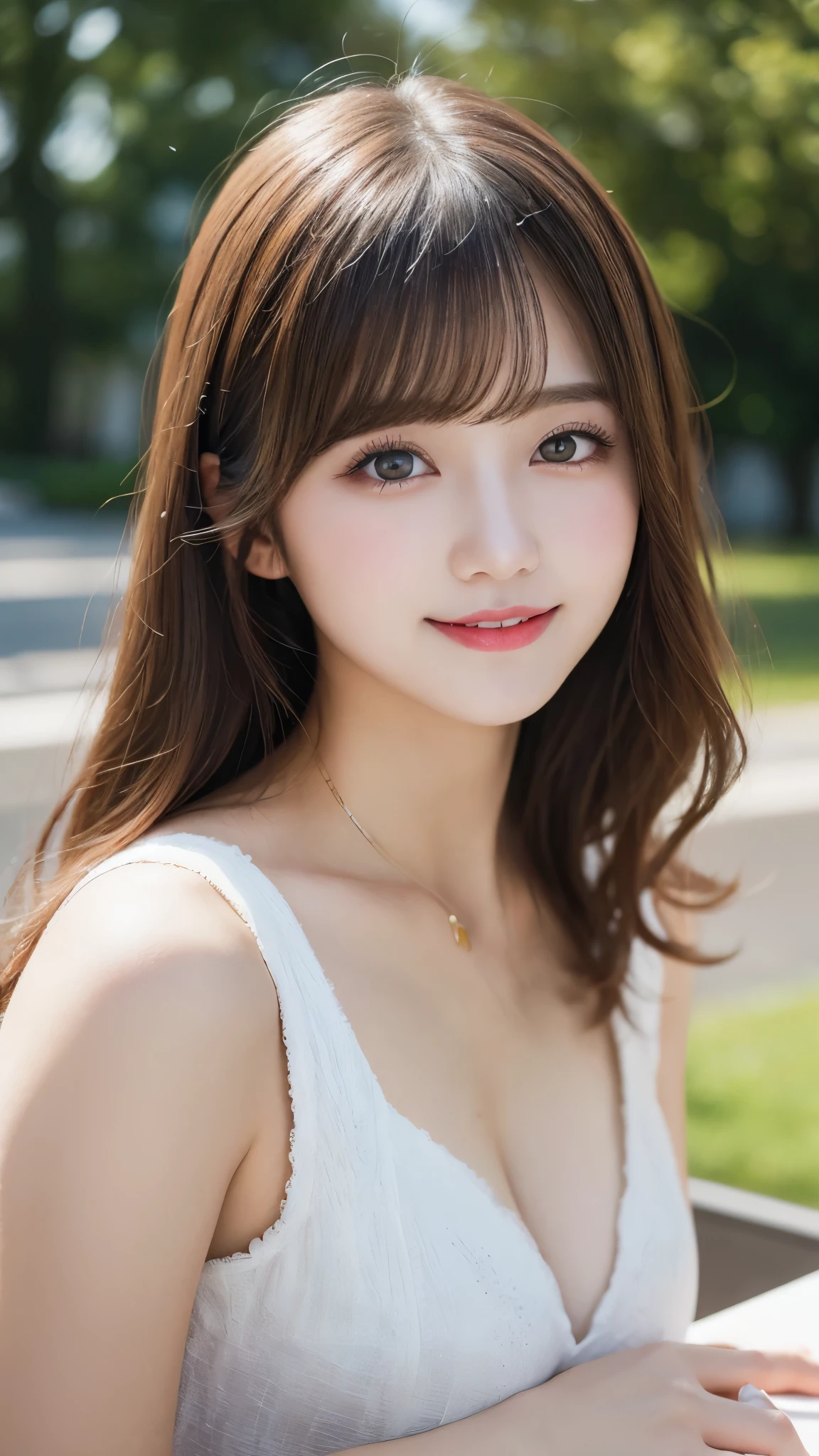 on the table, best quality, illustration, Super detailed, fine details, high resolution, 8k wallpaper, Perfect dynamic composition, Beautiful and delicate eyes, Summer women's clothing,medium hair,Big breasts natural color lips, bold gesture,Smile,Harajuku、20 year old girl、Lovely、looking into camera lens