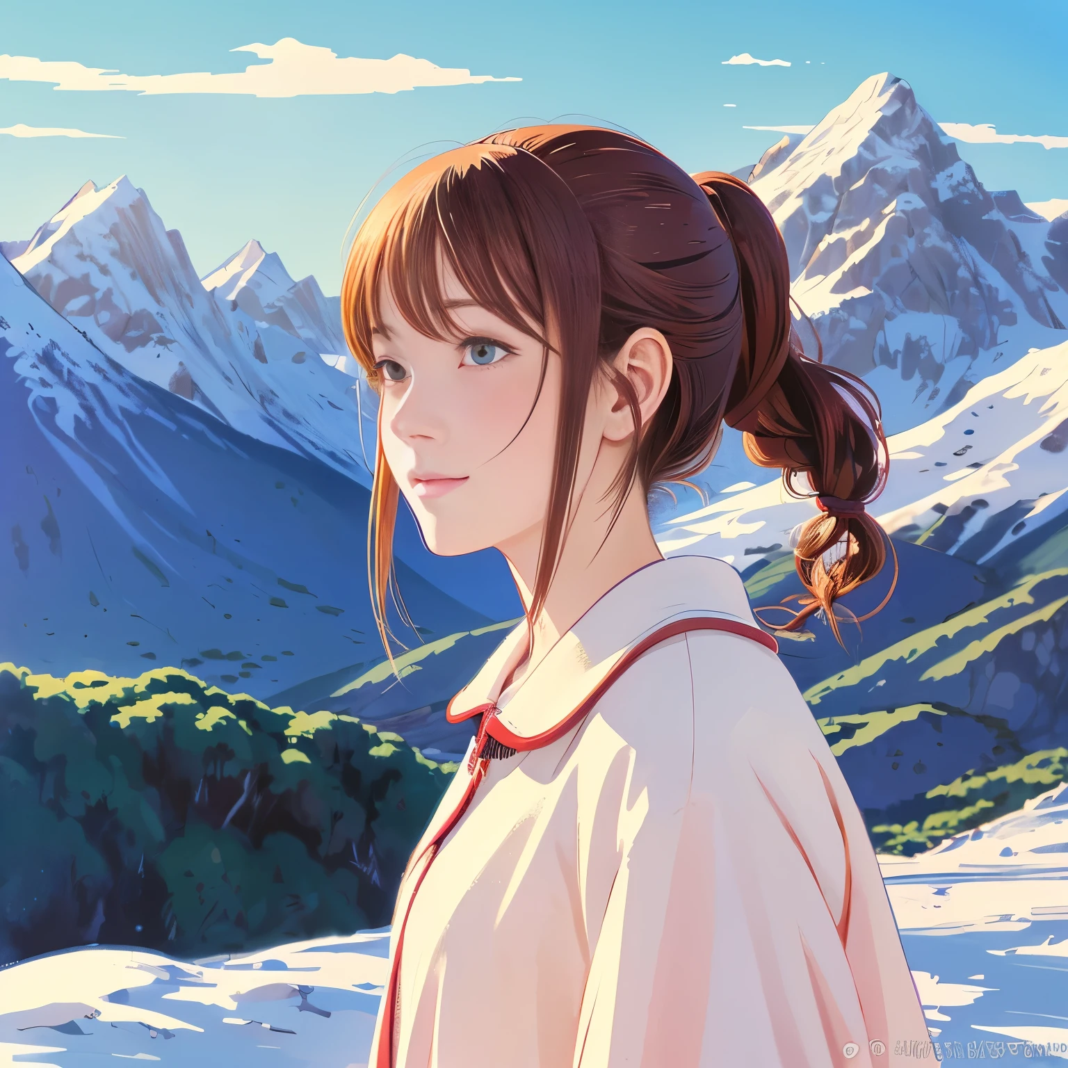 illustration style, ukiyo-e, Showa anime, woman, snow, (Sensitive), Asahi, mountains in the background, (highest quality, super detailed,portrait, Natural light)