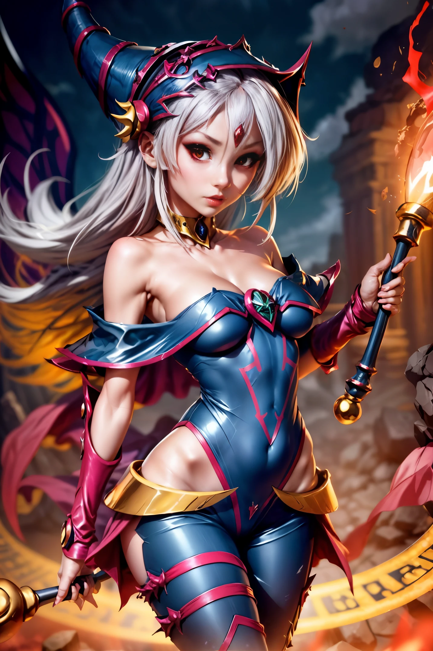 Hermosa maga oscura (obra maestra: 1.2, La mejor calidad), (1 , solamente), grandes senos, (Dynamic posture), (piel brillante, crimson red skin), crimson red skin, Dark Magician Girl Demon Version Sezy, piel roja, Guantes finos y de encaje, ( small demonic horns:1.1), (Lilith \(Darkstalkers\)), (cielo), fleco, (jewely, Adorno dorado:1.15 ), pelvis grande, azul (pantys:1.1) Dark Magician Girl Sexy Demon Version. Magic circle and magic hearts. Fondos de hadas y magia. Pose sejustiva y