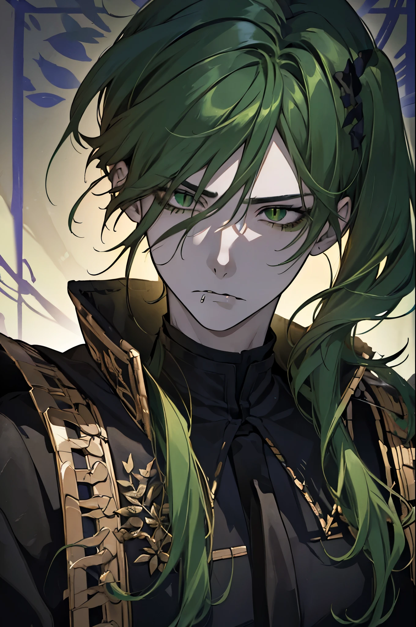 A man with dark green hair, wearing old clothes, with Halloween makeup painted on his face, cute and handsome