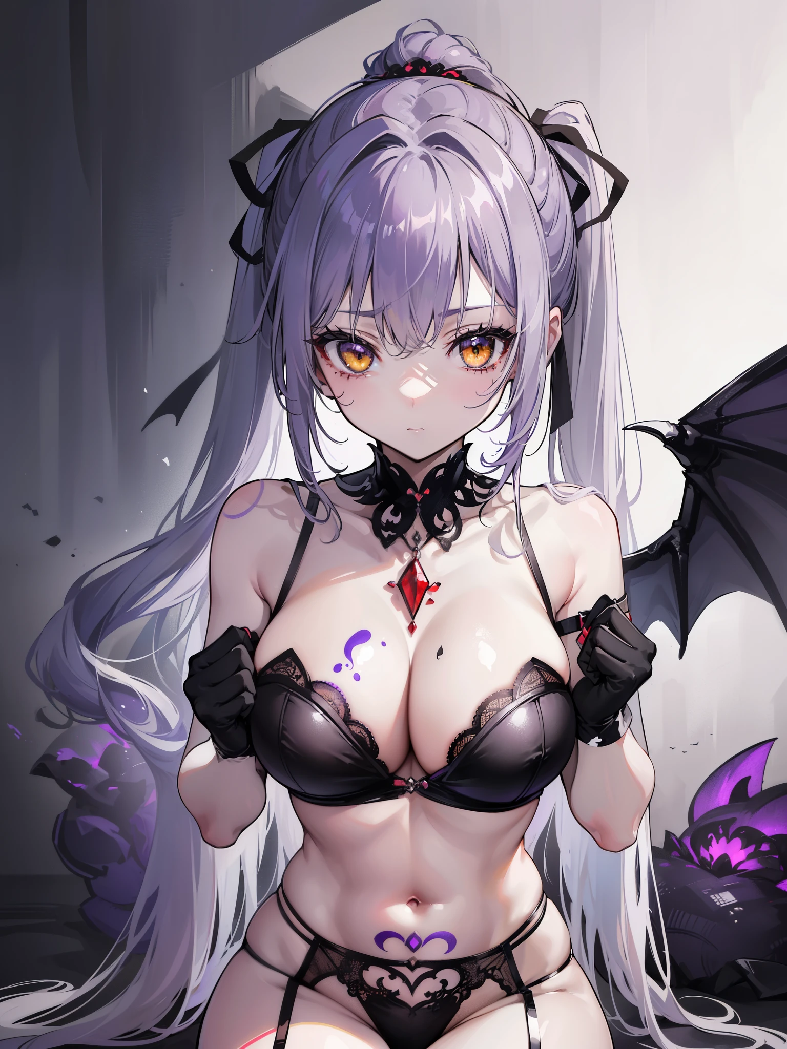 (highest quality、masterpiece、high resolution、super delicate)、beautiful girl、smooth ash gray hair、(Loose ponytail tied with a black ribbon)、Gorgeous yellow eyes、big breasts、((Obscene purple tattoos all over the body、imprinted mainly on the chest,,,,,,,,))、((A terrifying biological core like a red gem embedded in the skin in the middle of the chest))、Succubus style sexy bondage bustier、black garter belt、Elegant、Black long gloves、(inside the prison)、first round、(M-shaped legs are spread)、(excited look)