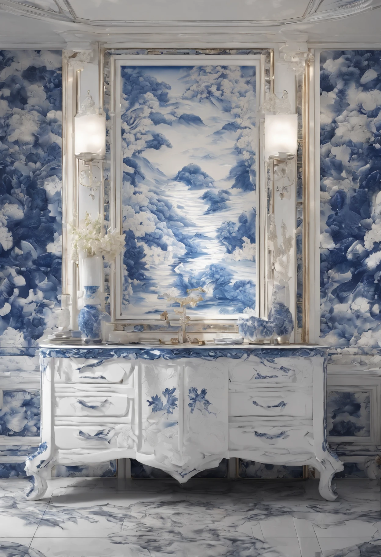 Blue and white porcelain,mt. residential map,Ceramic material,mural,a work of art,high detail,3D,chiaroscuro, Cinema lighting, divine light, Cinema lighting, ultra high definition, high details, best quality, high resolution, textured skin