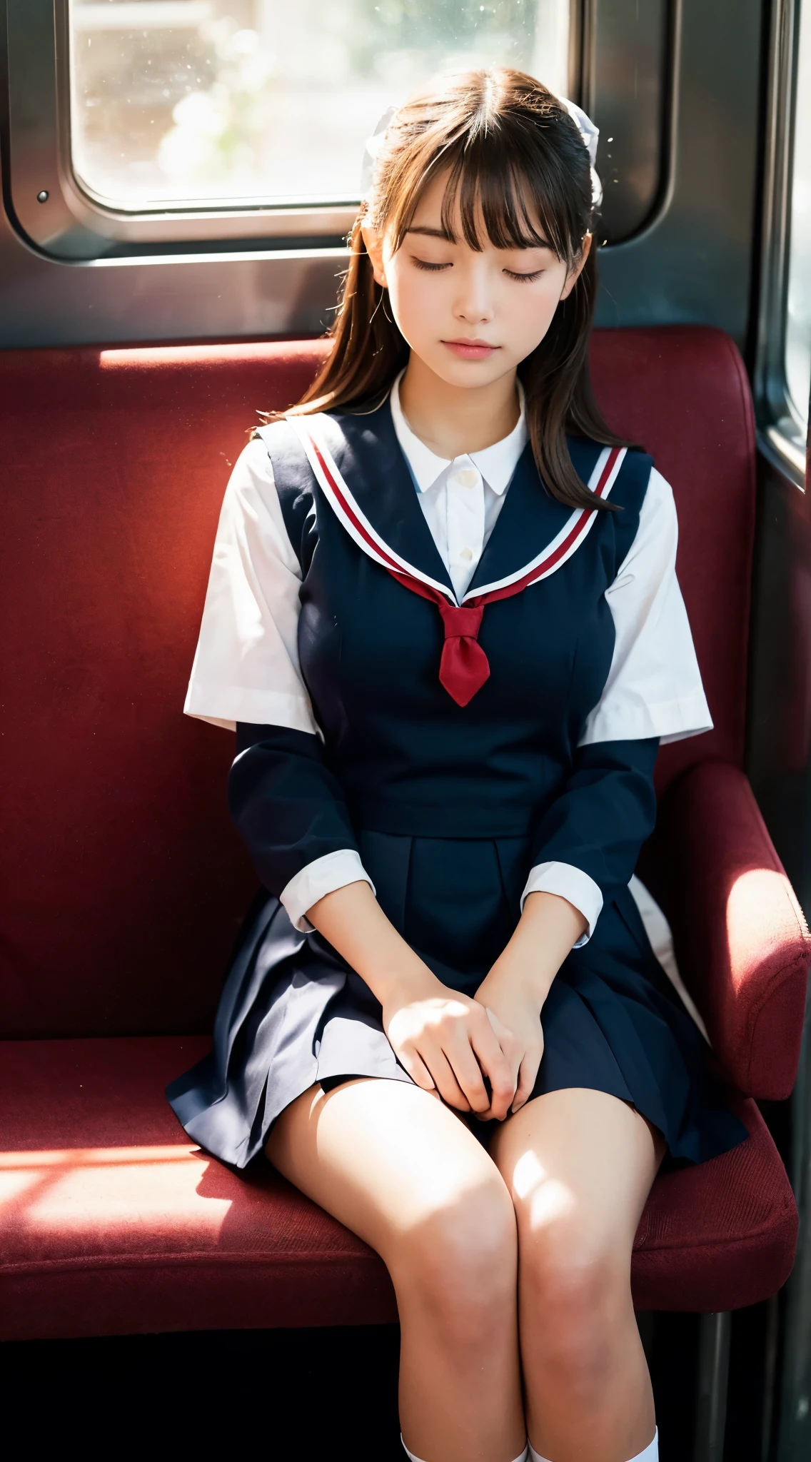(highest quality,masterpiece:1.3,ultra high resolution),(Super detailed,caustics,8k),(photorealistic:1.4,RAW shooting),(front shot),on the train,(girl sitting on a chaise longue and sleeping:1.3),(illuminated by the setting sun that shines through the window:1.3),18-year-old,(Close ~ eyes:1.3),black short bob,School Sailor Uniform,(carrying a school bag on his lap),big boobs,(at dusk:1.1),Natural light,