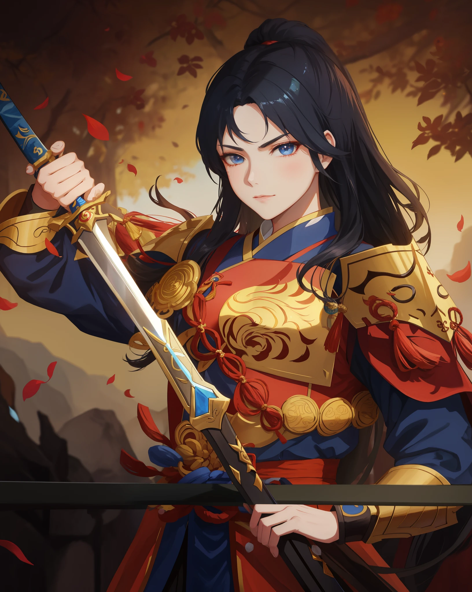 Anime girl holding a sword with sword and armor, xianxia hero, Inspired by Zhu Lian, Inspired by Du Qiong, Inspired by Puhua, Inspired by Li Meihu, g liulian art style, heise jinyao, bian lian, Inspired by Zhibai, Inspired by Lan Ying, Inspired by Wang Meng,,Hua Mulan,dark blue hair,Handsome girl,Eye,Messy bangs