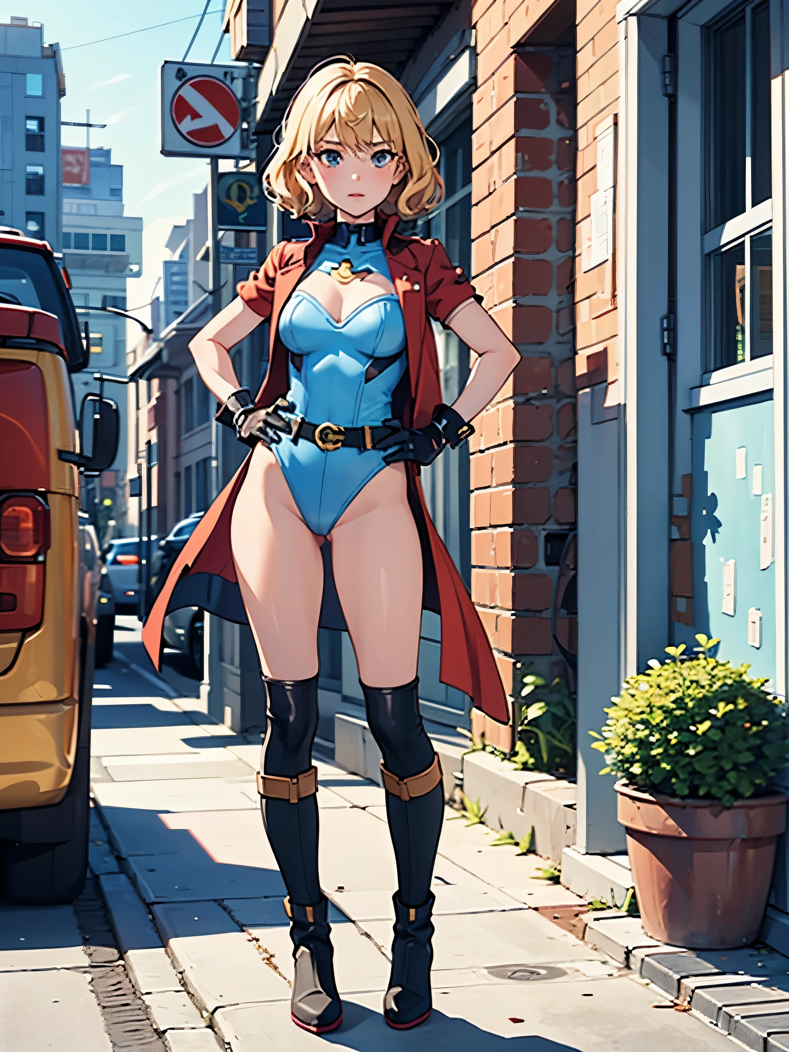 1girl, medium breasts, (leotard, highleg leotard, light blue leotard), (lighting bolt emblem on chest), bare legs, (tight belt), boots, matching boots, gloves, city backdrop, solo, single, hands on hip, standing, full body shot, cowboy shot, superhero, beautiful detailed eyes, power, diffraction spikes, blonde hair, short hair, wavy hair, high school backdrop, outdoors, mature lady, teacher