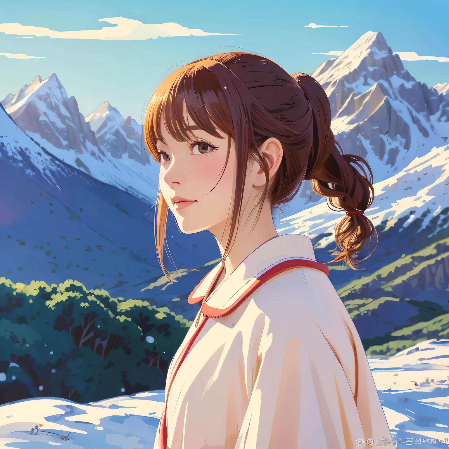 illustration style, ukiyo-e, Showa anime, woman, snow, (Sensitive), Asahi, mountains in the background, (highest quality, super detailed,portrait, Natural light)、kimono