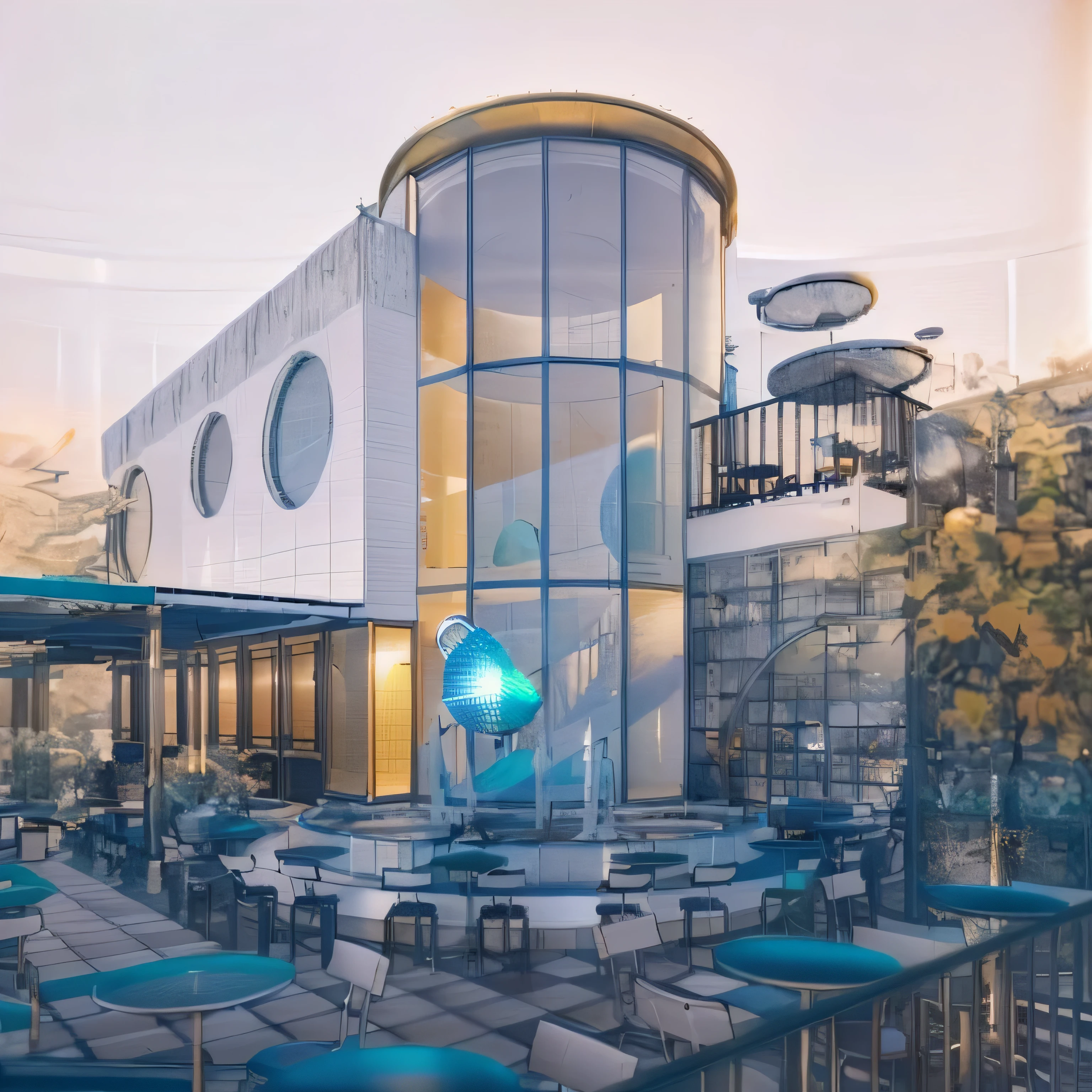 rendering of a restaurant with a large glass building and a fountain, detailed rendering, conceptual rendering, a digital rendering, concept drawing, detailed renderings, mid-view, render, digital rendering, solarpunk cantine, with 3 d render, artist's impression, rendering, with 3d render, ground level view, exterior shot, realistic concept, view from ground level