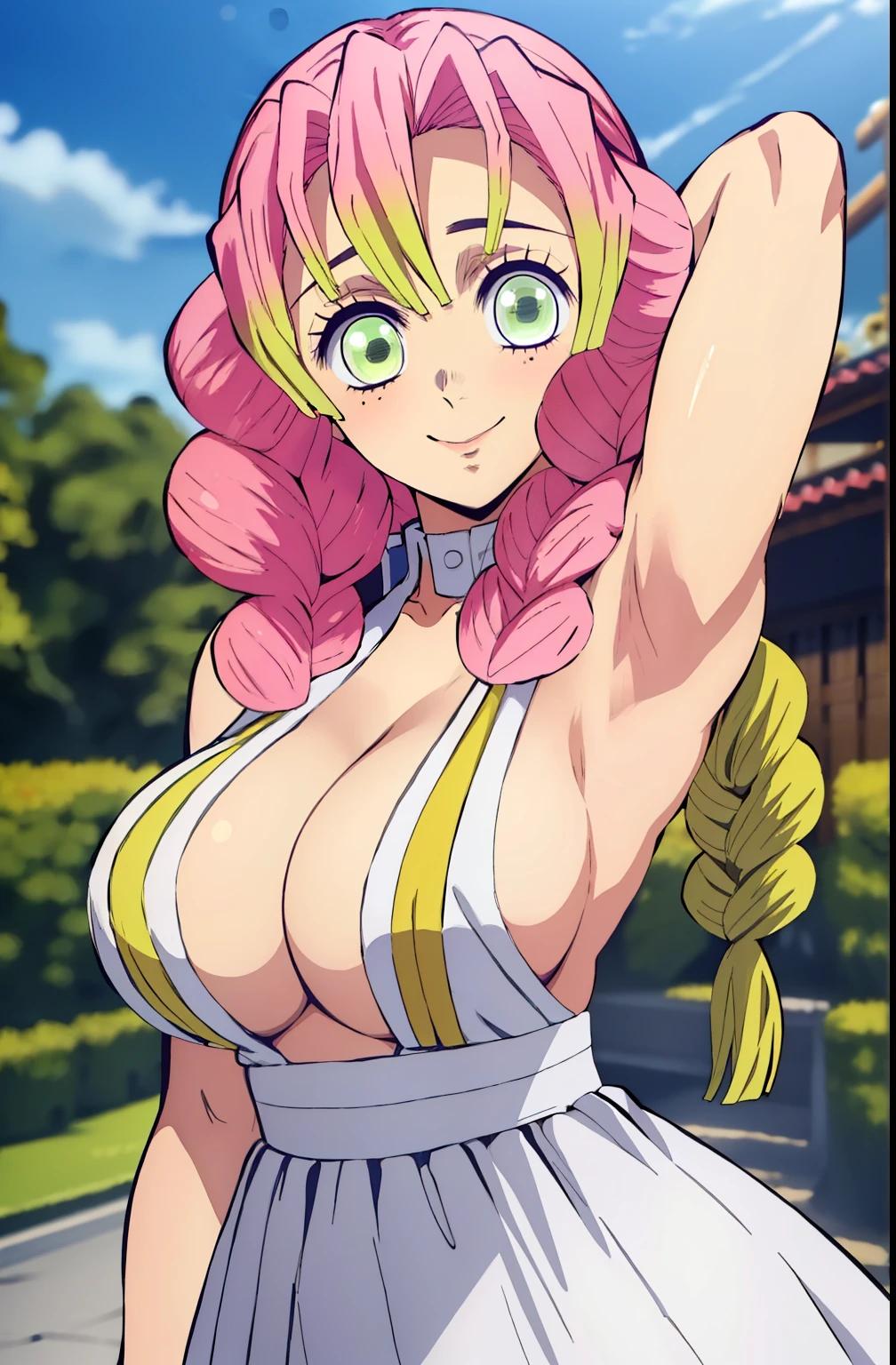 (obra maestra, mejor calidad), 1chica, MitsuriKanroji, deslumbrante, sonrisa, breast, armpits,