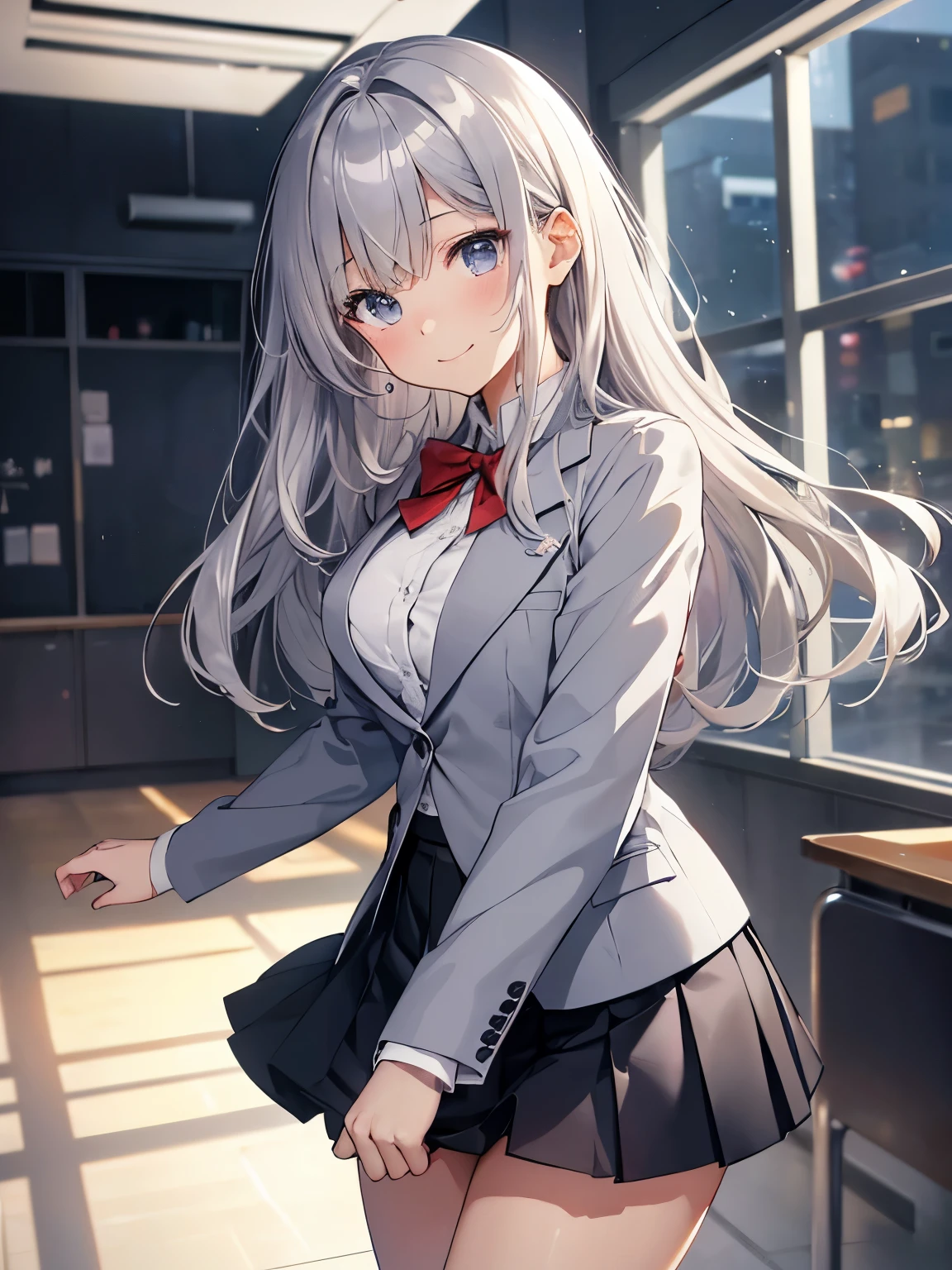 school classroom、机に座るsilver hairの少女、muste piece, best quality, High resolution, masterpiece、from the front、Low - Angle、(1 girl),(Beautiful eyes in every detail、face to detail、masterpieceサイドライト、masterpiece、highest quality、detailed、High resolutionのイラスト),delicate makeup、POV handjob、smile、soft focus、background bokeh,eyes are black,bangs短いハーフアップヘア(((silver hair))), Hair color is a blue-gray gradient, bangs,semi-long hair, Extremely detailed, complicated, muste piece, disorganized、School uniform、((gray blazer))、((white shirt))、((navy pleated skirt))、 ((detailedに書かれた顔, red face:1.2)), ((Smooth texture:0.75, realistic texture:0.5, Anime CG style)), big breasts, dynamic angle, beautiful breasts, small ass、thin thighs、perfect body, dynamic pose, shy smile,