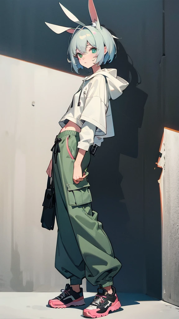 illustration, 2.5D, flat colors: 1.3, Line-Art, black and white, (detailed lights, detailed shadows), a woman in a white shirt and green pants posing for a photo, Cai Xukun, An epic non-binary model, baggy clothes and bunny ears, wearing cargo pants, physique: small belly, she is wearing streetwear, woman in streetwear, cargo pants, wearing a hoodie and sweatpants, wearing a baggy ((modern clothes)) Looking at the viewer, looking at the camera, short hair situation