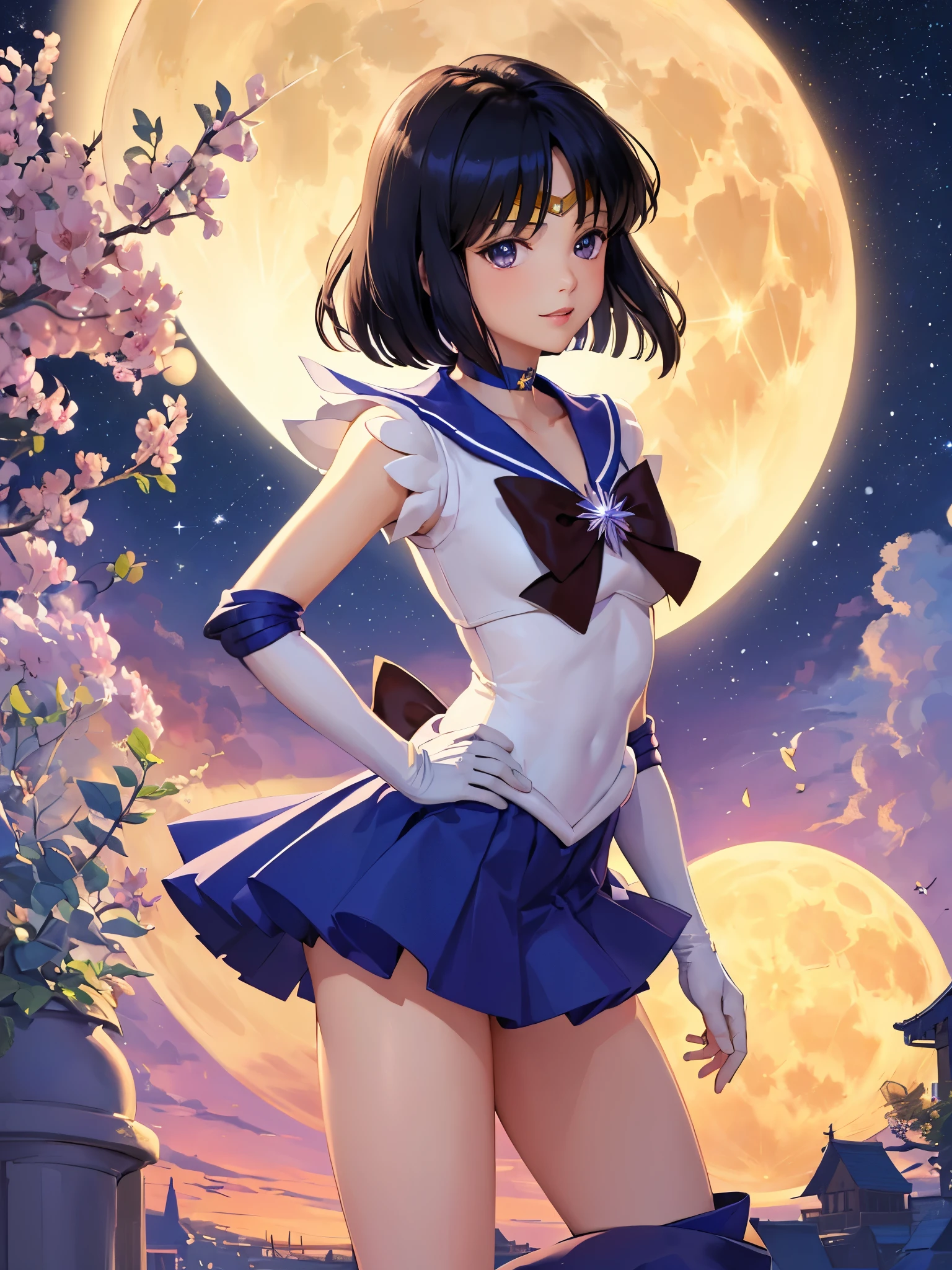 (masterpiece、highest quality:1.2), solo, 1 girl, Sailor Saturn, Magical girl, smile, view audience, put your hand on your waist, tiara, sailor warrior uniform, pleated skirt, elbow bag, jewelry, brooch, choker、night、star、full moon、