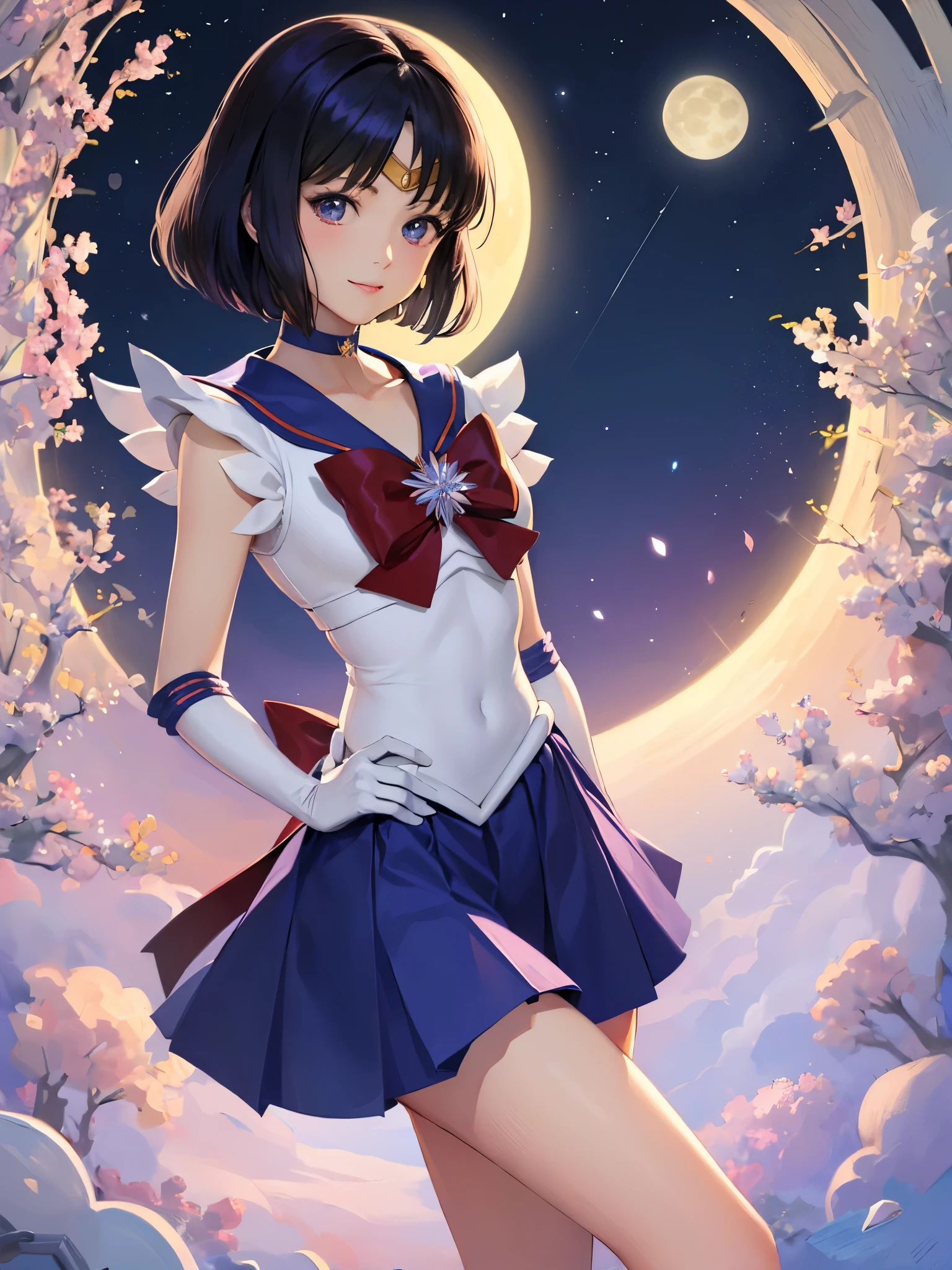 (masterpiece、highest quality:1.2), solo, 1 girl, Sailor Saturn, Magical girl, smile, view audience, put your hand on your waist, tiara, sailor warrior uniform, pleated skirt, elbow bag, jewelry, brooch, choker、night、star、full moon、