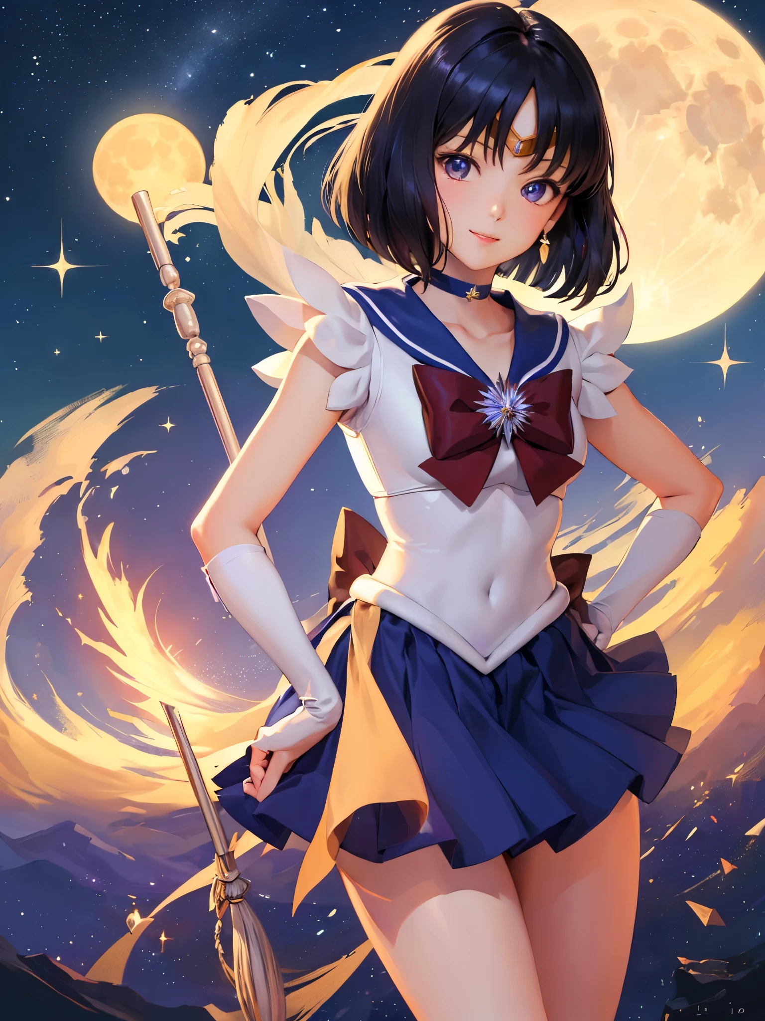 (masterpiece、highest quality:1.2), solo, 1 girl, Sailor Saturn, Magical girl, smile, view audience, put your hand on your waist, tiara, sailor warrior uniform, pleated skirt, elbow bag, jewelry, brooch, choker、night、star、full moon、