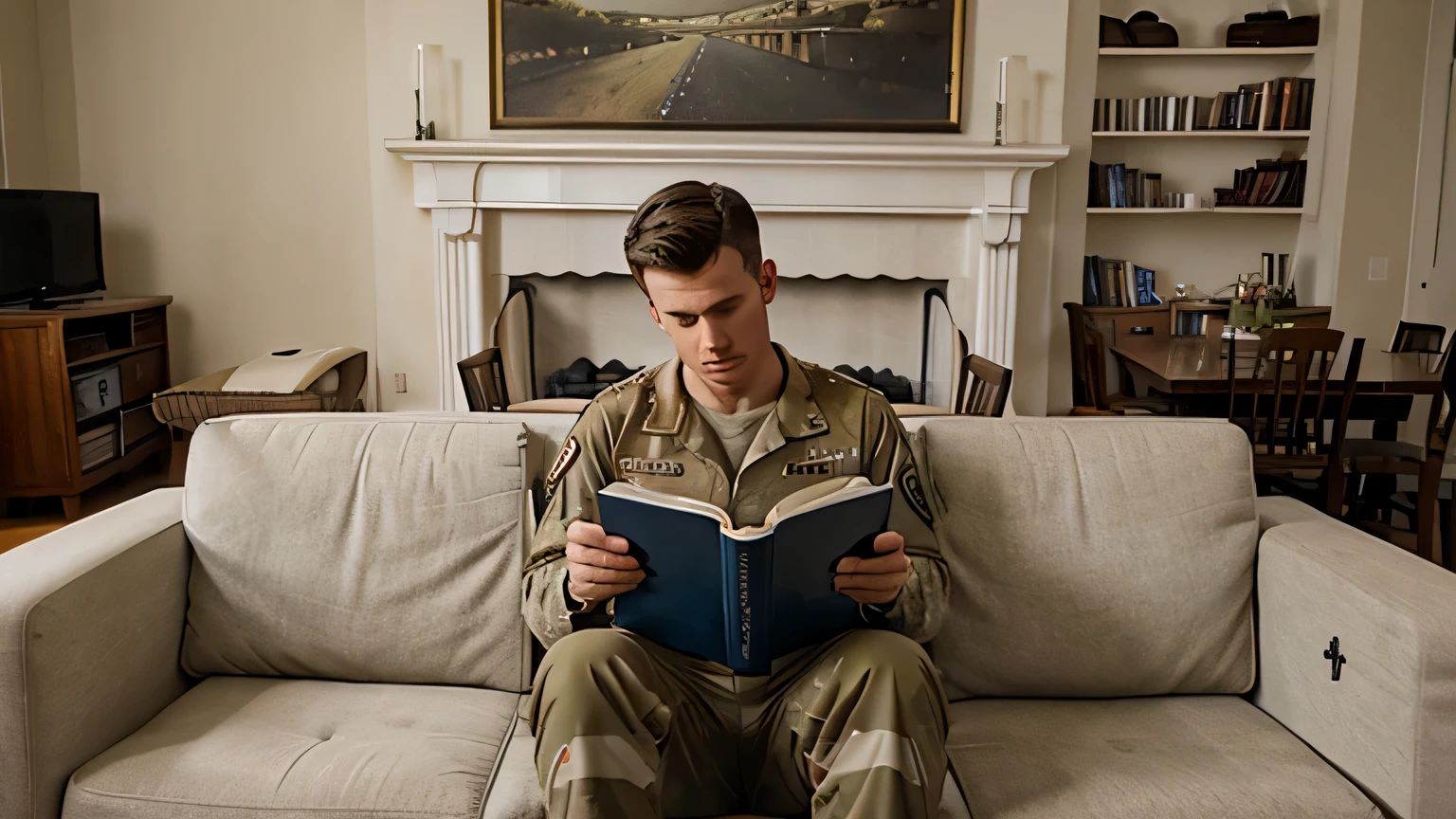 soldado americano, lendo um livro, sitting on the sofa in the living room, parecendo entediado.