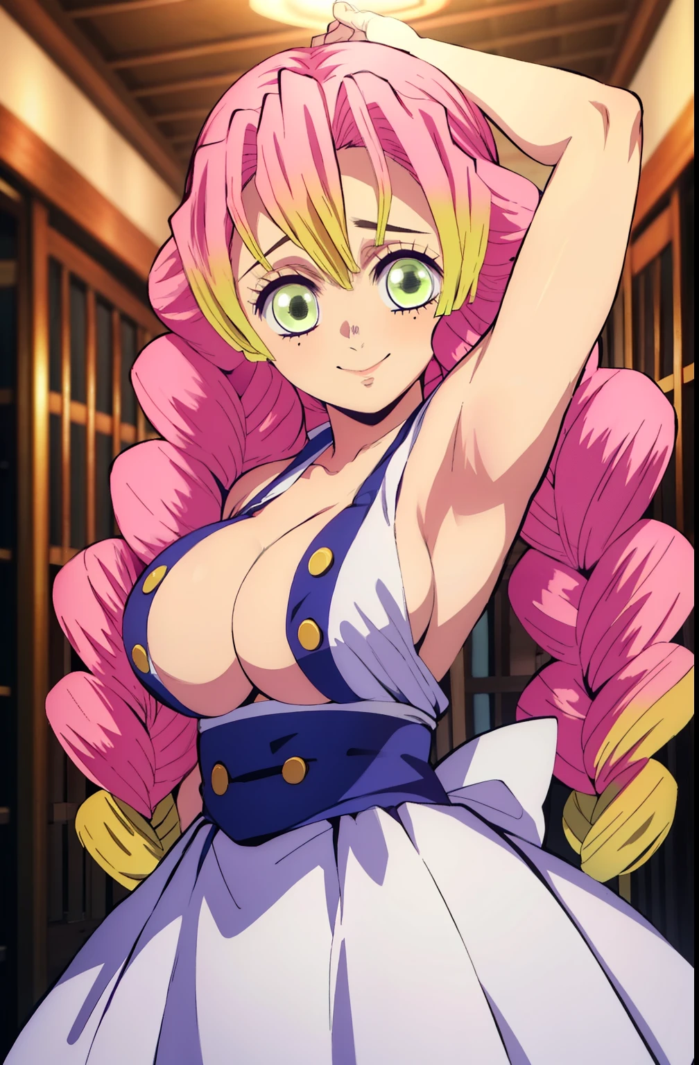 (obra maestra, mejor calidad), 1chica, MitsuriKanroji, deslumbrante, sonrisa, breast, armpits, 