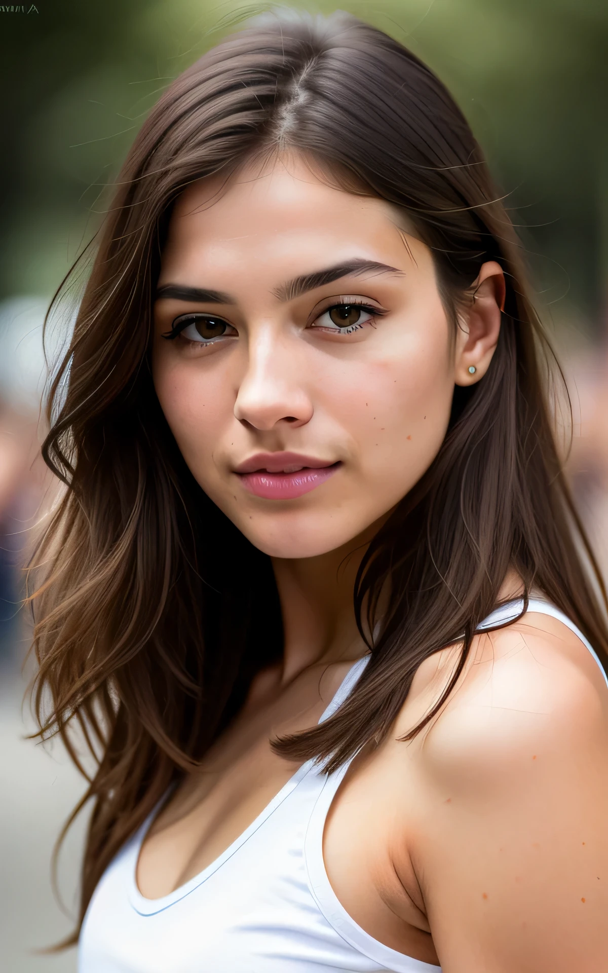 cute beautiful brunette, facing forward, looking directly into camera, 23 years old, flirty face, long hair, brown eyes, high-res, masterpiece, best quality,intricate details, highly detailed,sharp focus, perfect skin texture, detailed eyes, professional, 4k, shot on Canon, 85mm,shallow depth of field,kodak vision color, eyeshadow, extremely detailed, photo_\(ultra\), photorealistic, realistic, post-processing, max detail, roughness, real life, ultra realistic, photorealism, photography, 8k uhd, photography, mouth closed