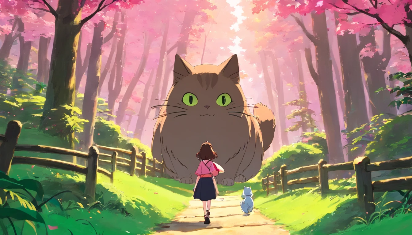 Twitch banner image, ghibli style, pink/green forest with lots of cats, with 1 girl with long brown hair wearing black, with a big wooden sign with writing that spells 'kiezell'.
