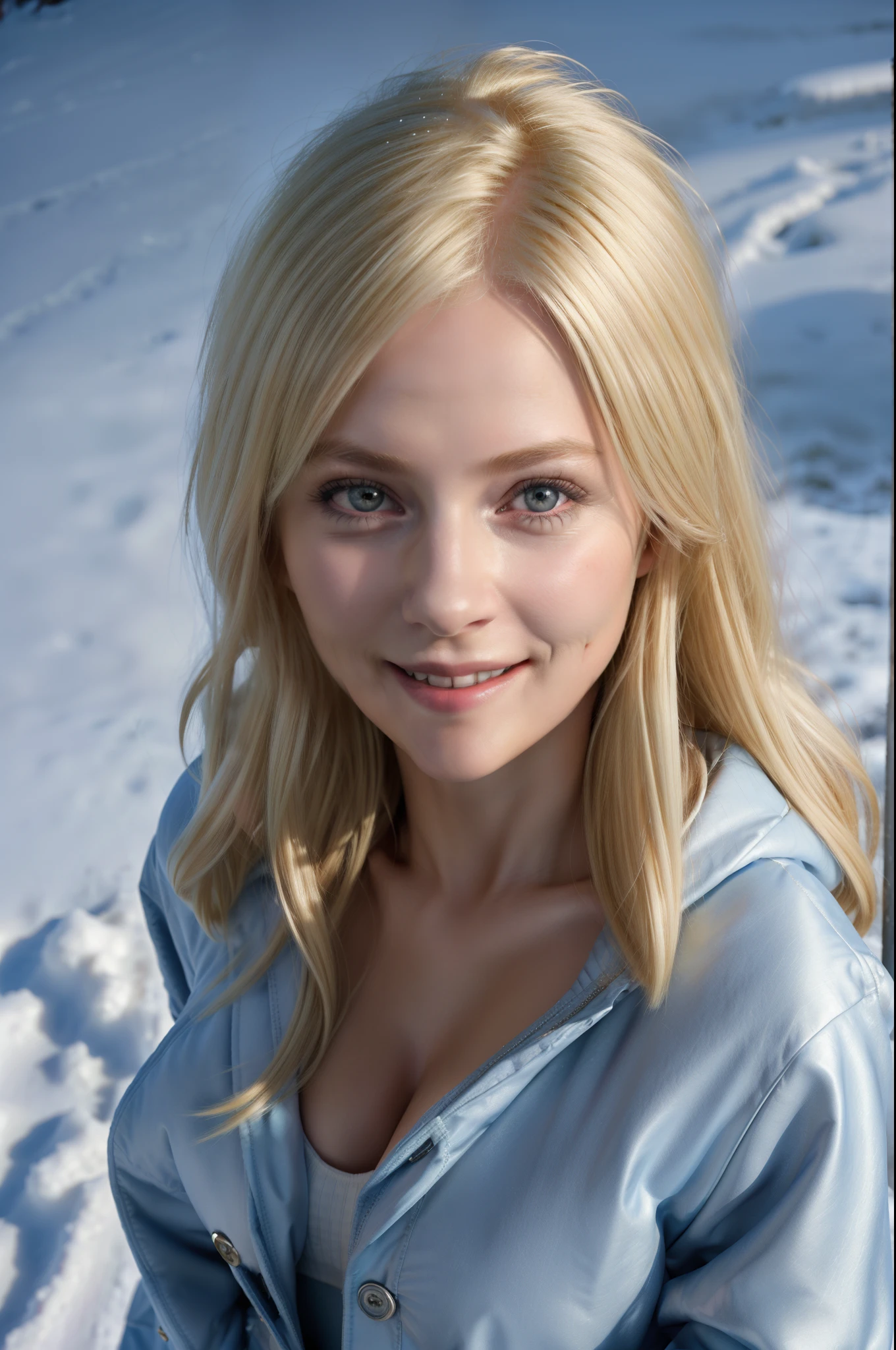 (masterpiece), (highest quality), 1 girl, (perfect face:1.2), (beautiful face:1.2), platinum blonde hair, (From above, Upper body:1.3), Happy, light smile, looking at the viewer, Pause,
winter coat, outdoor, winter, snow, at night, Complex, Depth of bounds written, cinematic lighting,