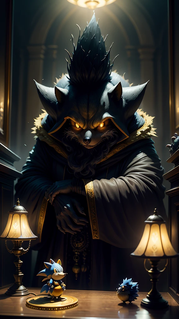 Sonic the hedgehog com tom de pele preta, The Hedgehog, watching the spectator with arms crossed, serious, olhos amarelos brilhando, ao fundo do banheiro, espelho, lamp light illuminating the bathroom