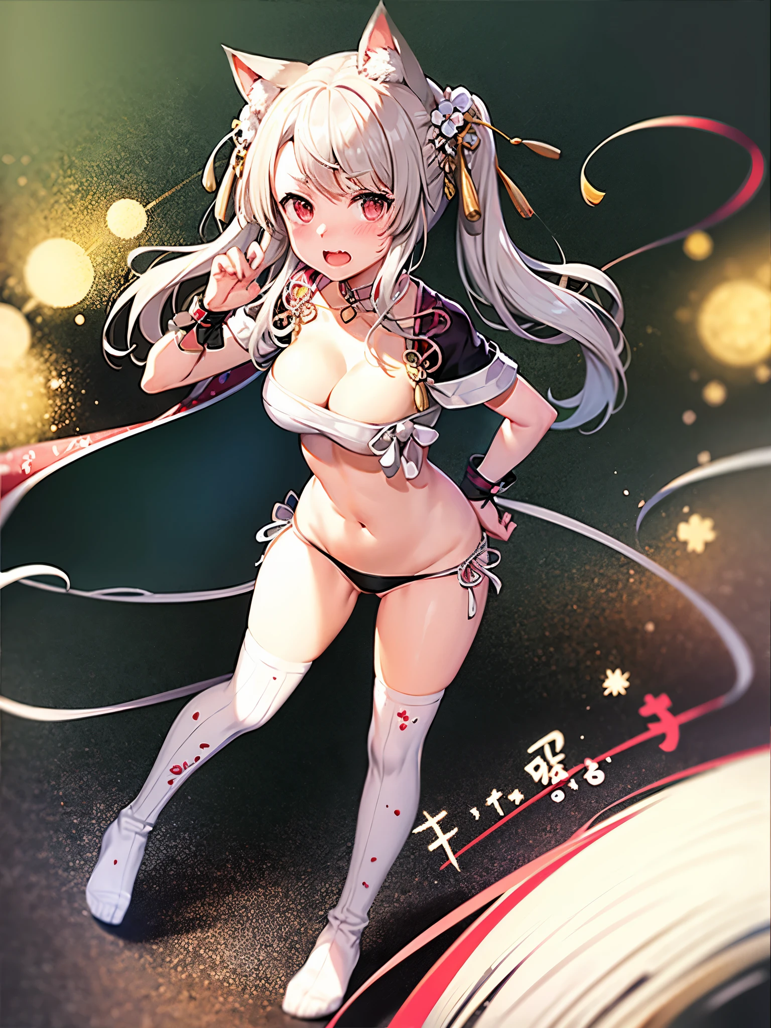 muste piece,1 girl,solo,white hair,Twintail,cat ears,blush,open mouth,Belly button pussy,There is a cleavage in the chest, Sarashi,PAW Pose,Put your hands on the ground、raise your butt high