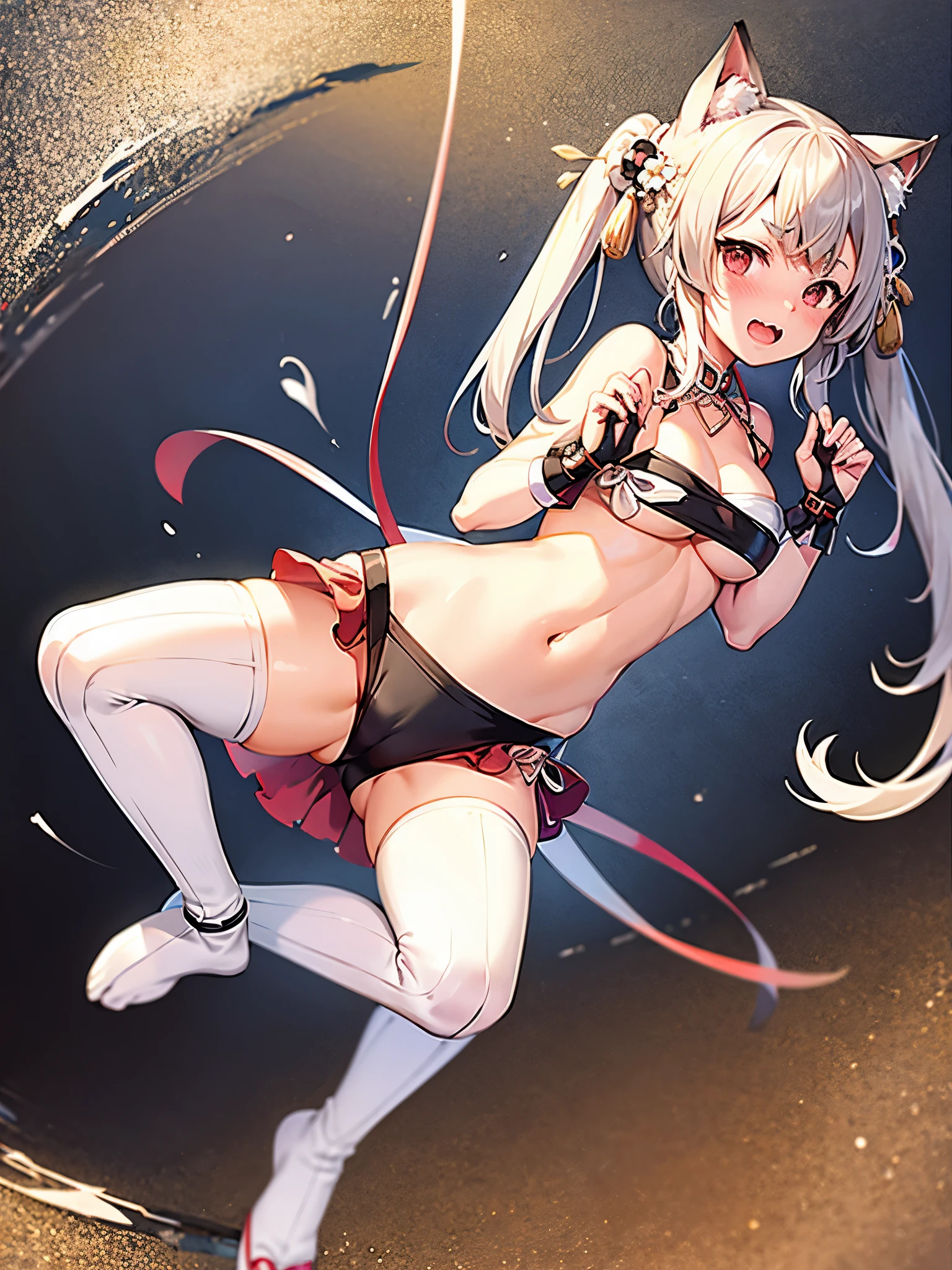 muste piece,1 girl,solo,white hair,Twintail,cat ears,blush,open mouth,Belly button pussy,There is a cleavage in the chest, Sarashi,PAW Pose,Put your hands on the ground、raise your butt high