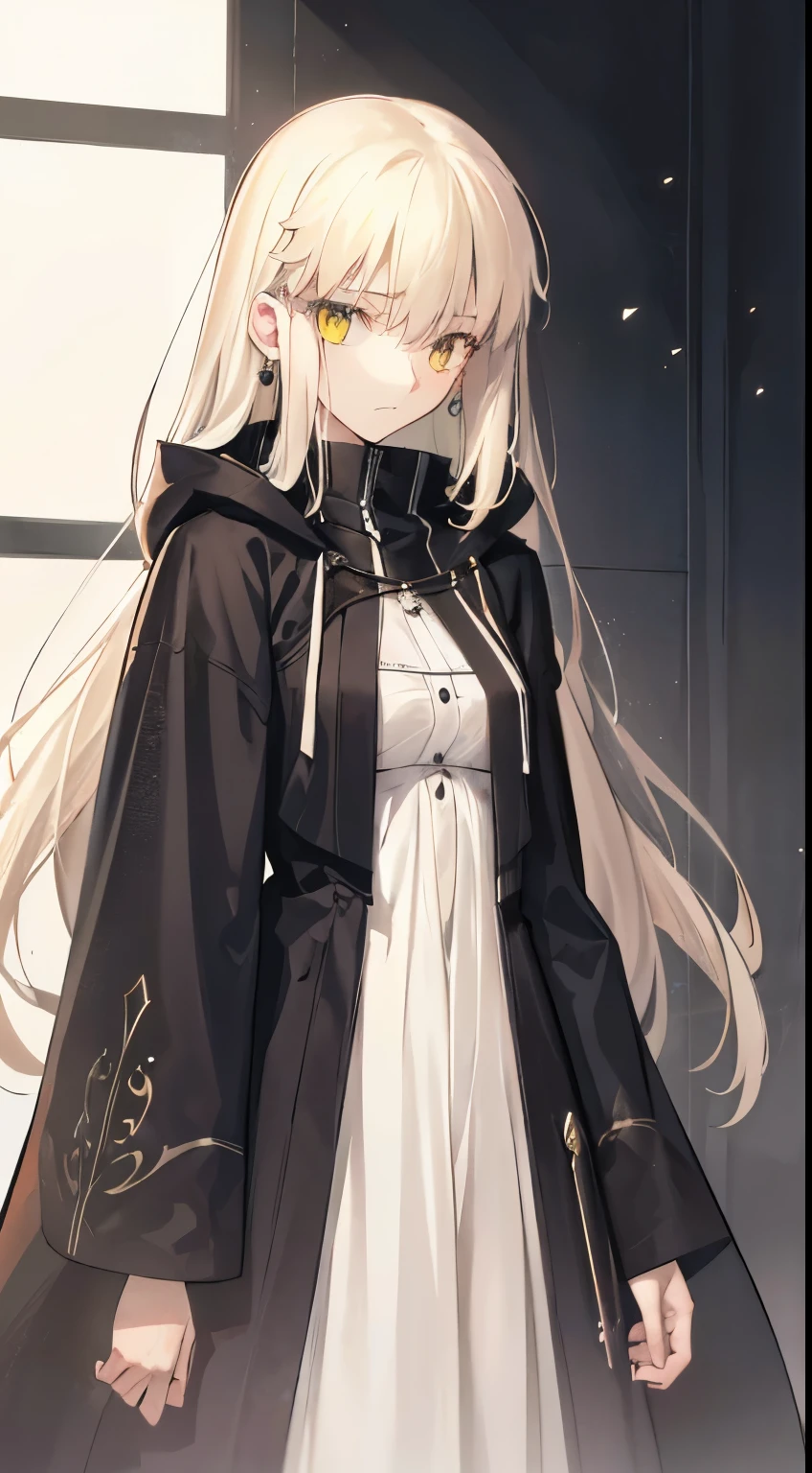 ((1 suspicious girl))、empty yellow big eyes,  big breasts, petite and slender,   ((Beige hair,)),(unique long hair), In 8K, top quality, (highly detailed head: 1.0), (very detailed face: 1.0), (highly detailed hair: 1.0),((Flashy black exhibitionist magic robe))、 black earrings, Detailed official artwork,  clean detailed anime art,sex appeal, cool look