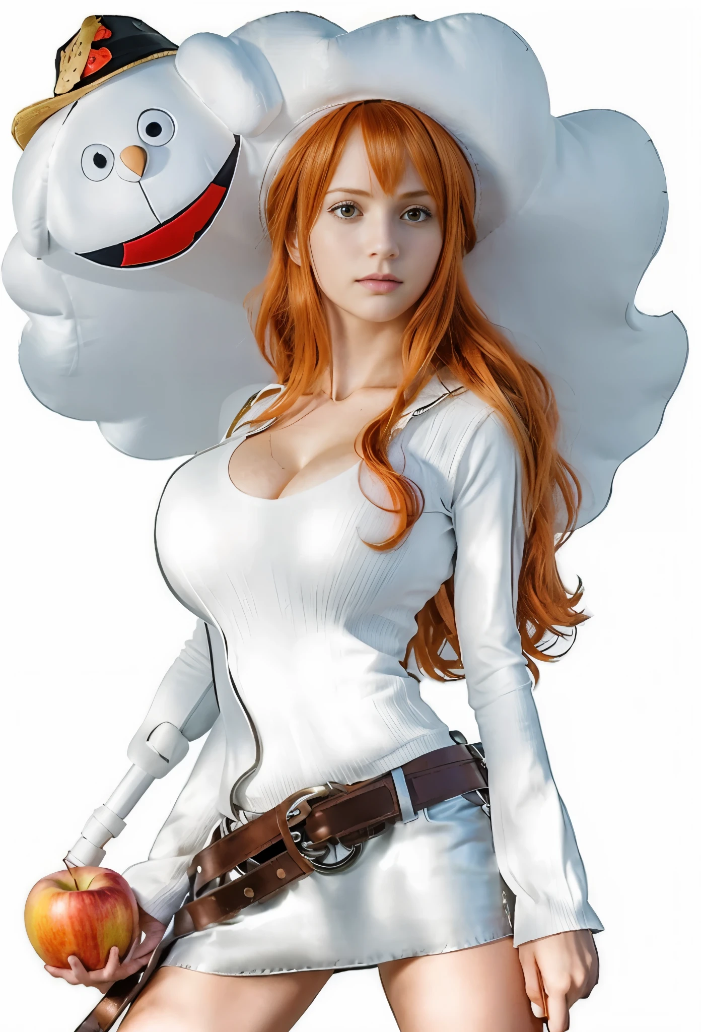 (masterpiece), (realistic), (ultra detailed), ( high reest quality), (photorealistic), (perfect face), (perfect anatomy), woman, female, solo, Swede, Swede , nami from one piece, nami, long haircut, orange hair, long haircut with side bangs, (((the character has big breasts))), wearing a white sweater, wearing a leather belt with an iron belt head, there are accessories on the belt, the character's right hand is holding an apple, behind the character there is a white cloud with a hat called Zeus from One Piece