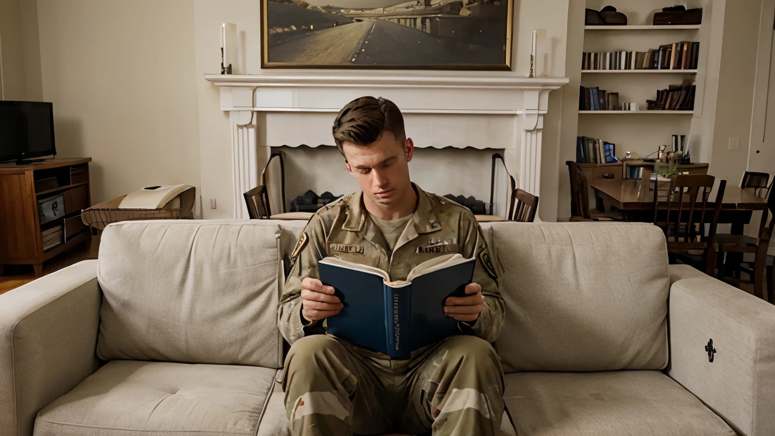 American soldier, reading a book, sitting on the living room sofa, looking bored.