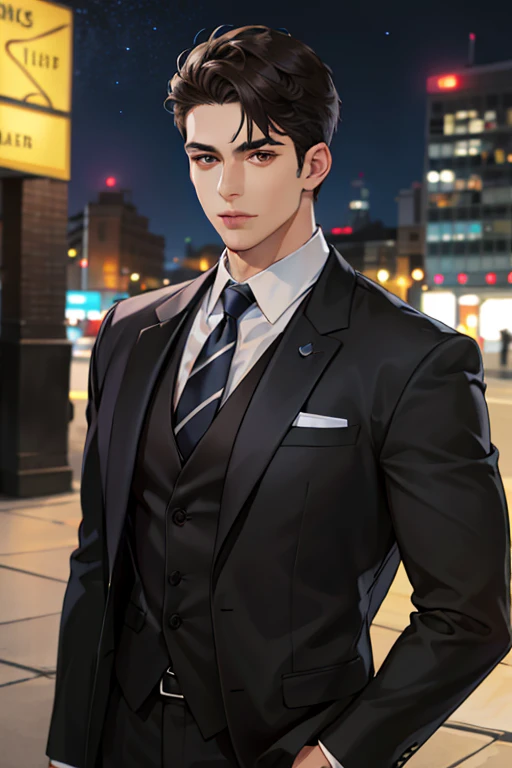 (absurdres, highres, ultra detailed, realistic, ), 1 male, solo, , mature, tall muscular guy, broad shoulders, handsome, very short hair, black hair, brown eyes, angular jaw, thick neck, thick eyebrows, night, dark, the night view of the city background, formal suit, necktie, upper body