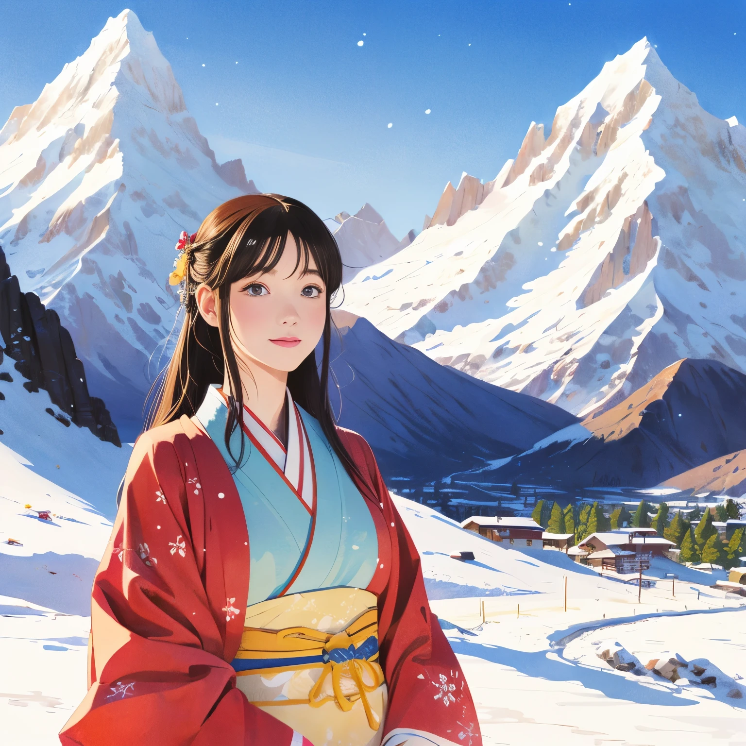illustration style, ukiyo-e, Showa anime, woman, snow, (Sensitive), Asahi, mountains in the background, (highest quality, super detailed,portrait, Natural light)、kimono