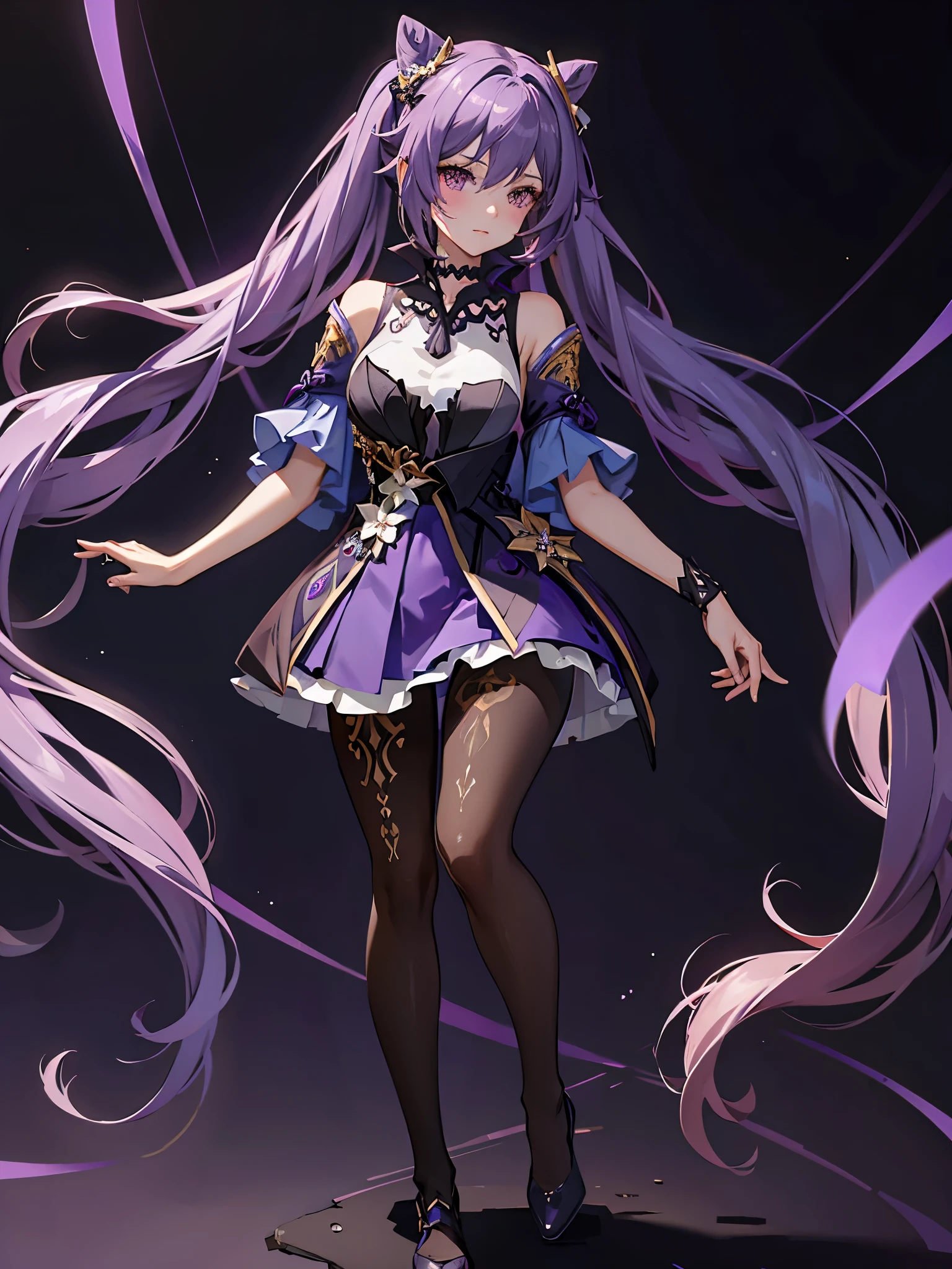 1girl, fair skin, 20's, purple and blue hair, purple and pink hair, long hair, twin tails, yellow eyes, blue eyes, yellow and blue eye, dark blue dress, starry dress, golden chains, kusari Gama, black high heels, boots, frills, big light blue dress ribbon, battle dress, thigh highs, black stockings, 8k, ultra sharp, masterpiece, high resolution, full body
