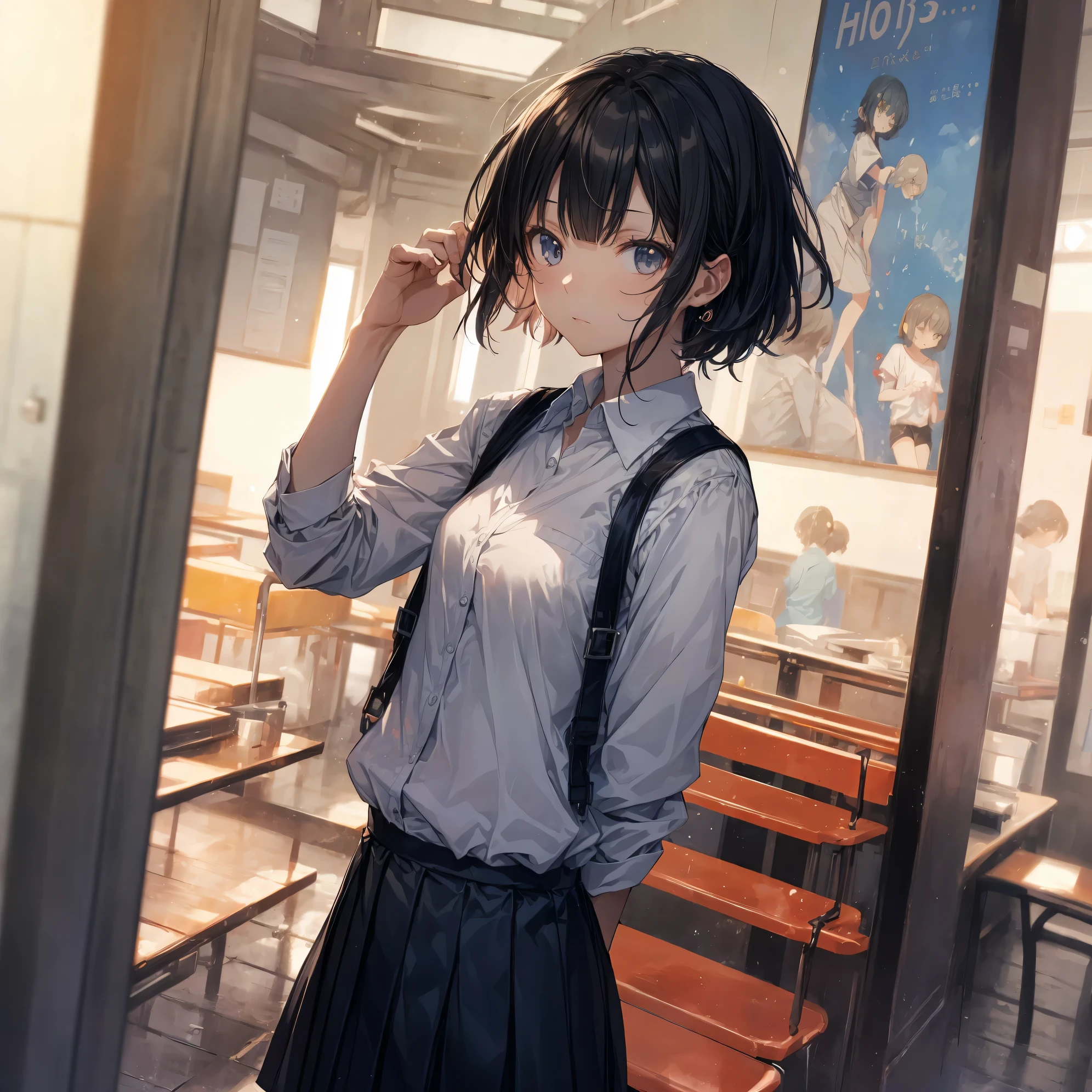Super high quality by the art god, super detailed, High resolution, Shinkai Makoto style, anime moe art style, best anime 8K konachan wallpaper, pixiv contest winner, perfect anatomy, break,(眠そうにalone学校へ行く女の子を描いてください. ),break, surreal high school girl, (alone,change, child,13 years old:1.3),All limbs, full finger,Middle school students, androgynous charm, (very, very short hair), hair over ear, blunt bangs above the eyebrows, flat and soft chest, small ass, between legs, small eyes,beautiful detailed black eyes, Well-proportioned iris and pupils, disgusted eyes, High resolutionの詳細な髪, school uniform, (skirt), On the way to school. break,super dense skin, Best lighting by famous artists, 8K, figure,