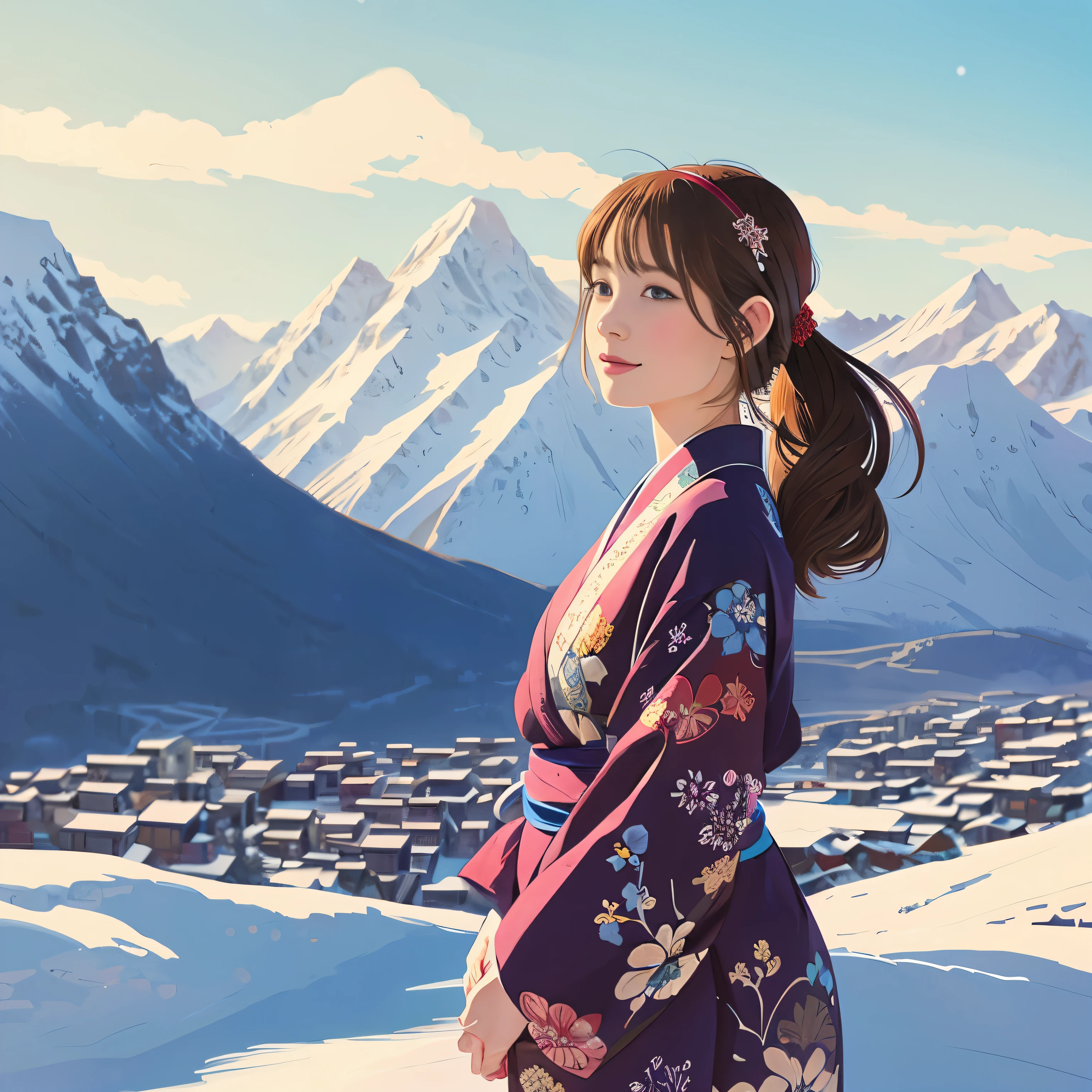 illustration style, ukiyo-e, Showa anime, woman, snow, (Sensitive), Asahi, mountains in the background, (highest quality, Super detailed,portrait, Natural light)、kimono